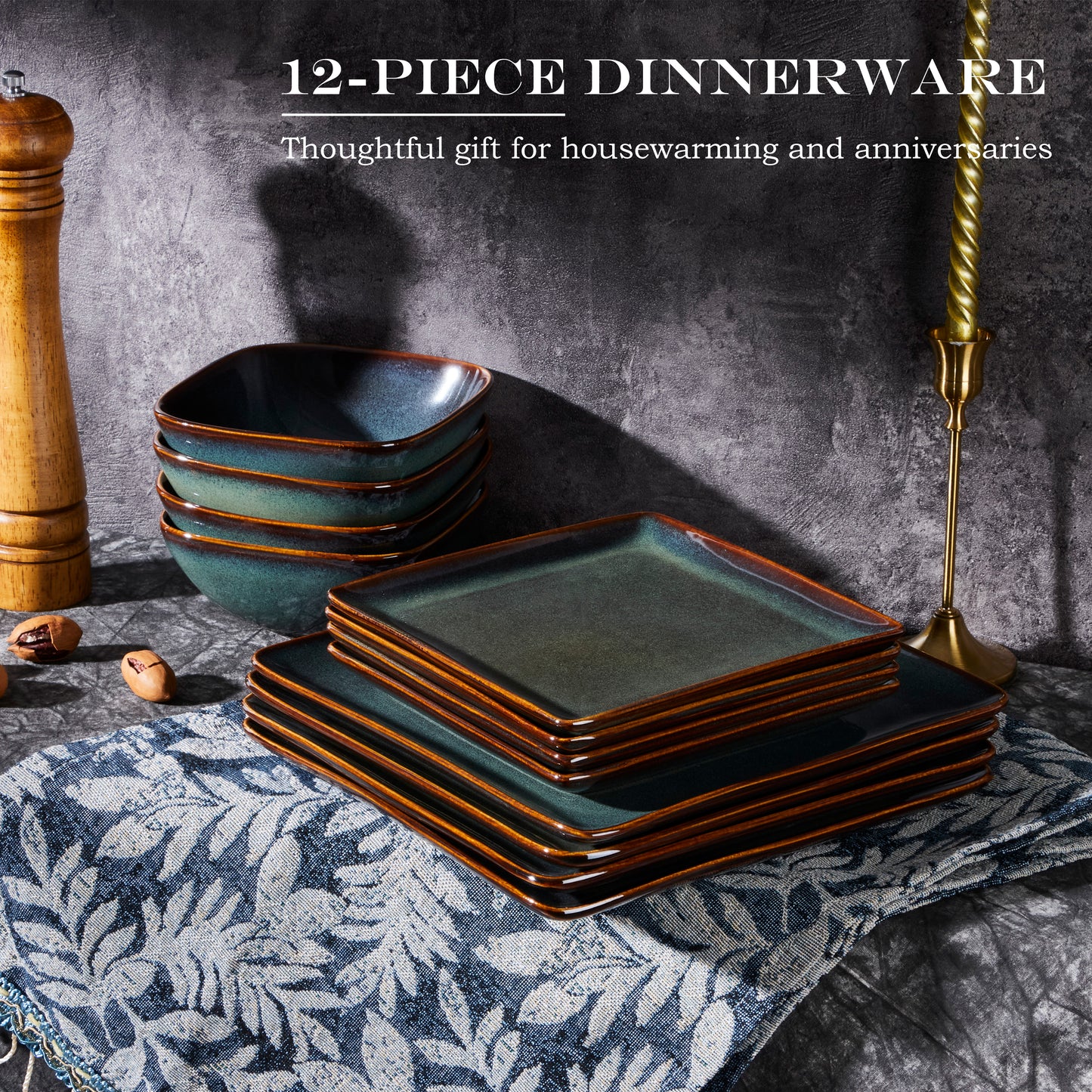 Vesteel Dinnerware Sets for 4, 12-Piece Stoneware Dish and Bowls Set, Handmade Reactive Glaze Coupe Plates Set for Family, Chip & Scratch Resistant - Forest Green