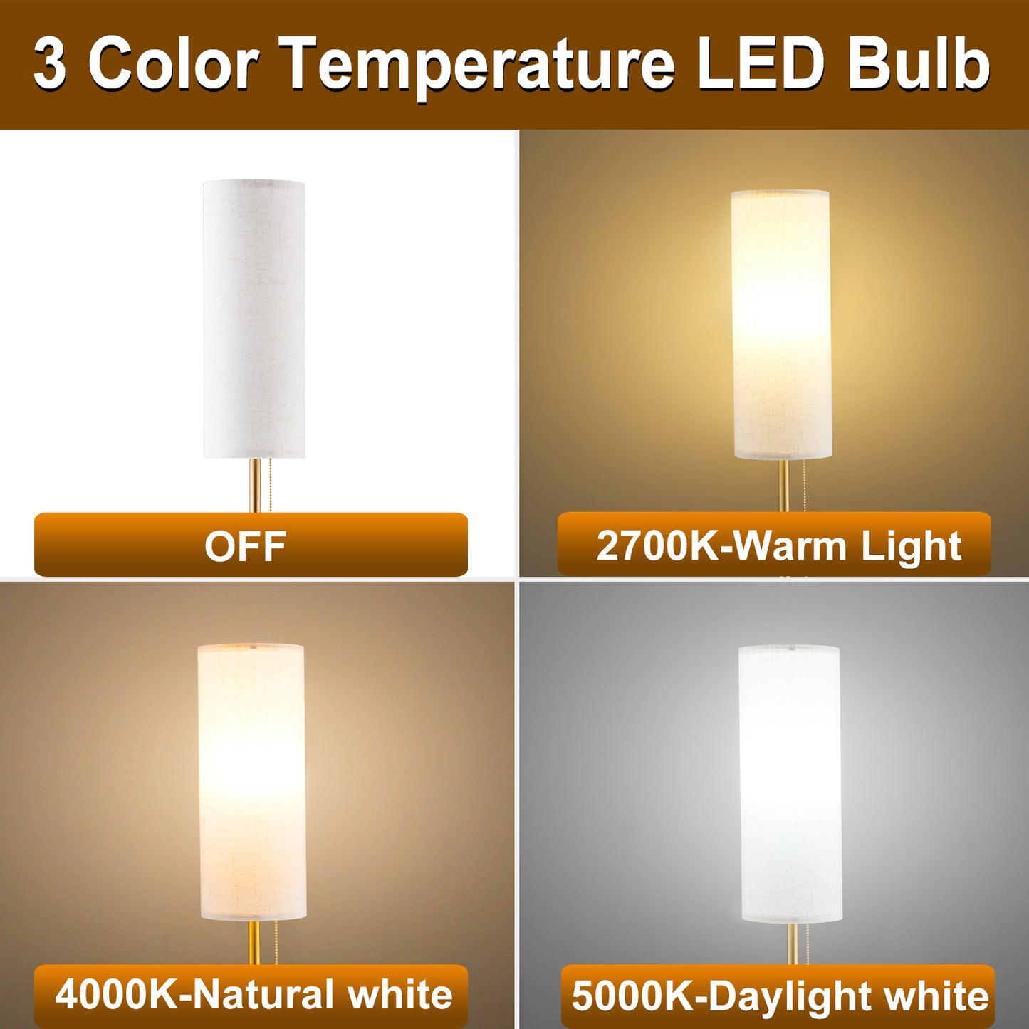 Vesteel Floor Lamp for Living Room, Modern Standing Lamp with 3 Color Temperatures LED Bulb & Linen Lampshade, Pole Lamp for Bedroom Living Room Office, Gold