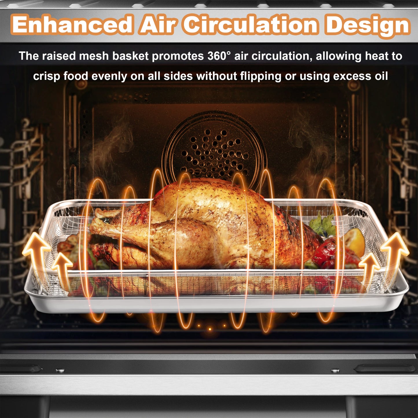 Vesteel 16 inch Air Fryer Pan with Basket Set of 2, Stainless Steel Oven Crisper Tray for Baking, Roasting, and Healthy Cooking, Dishwasher Safe