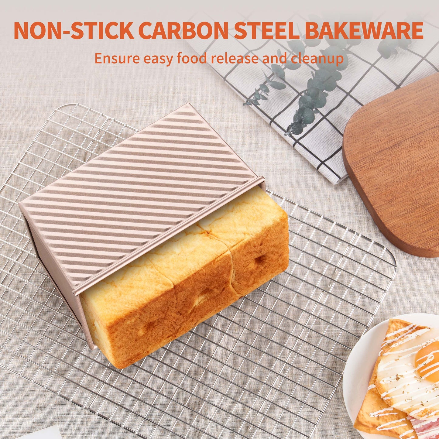 Vesteel Pullman Loaf Pan with Lid, 1 Pound Dough Capacity Rectangular Bread Pan for Homemade Bread, Non-Stick Long Bread Pan with Dough Scraper & Silicone Brush, Rose Gold