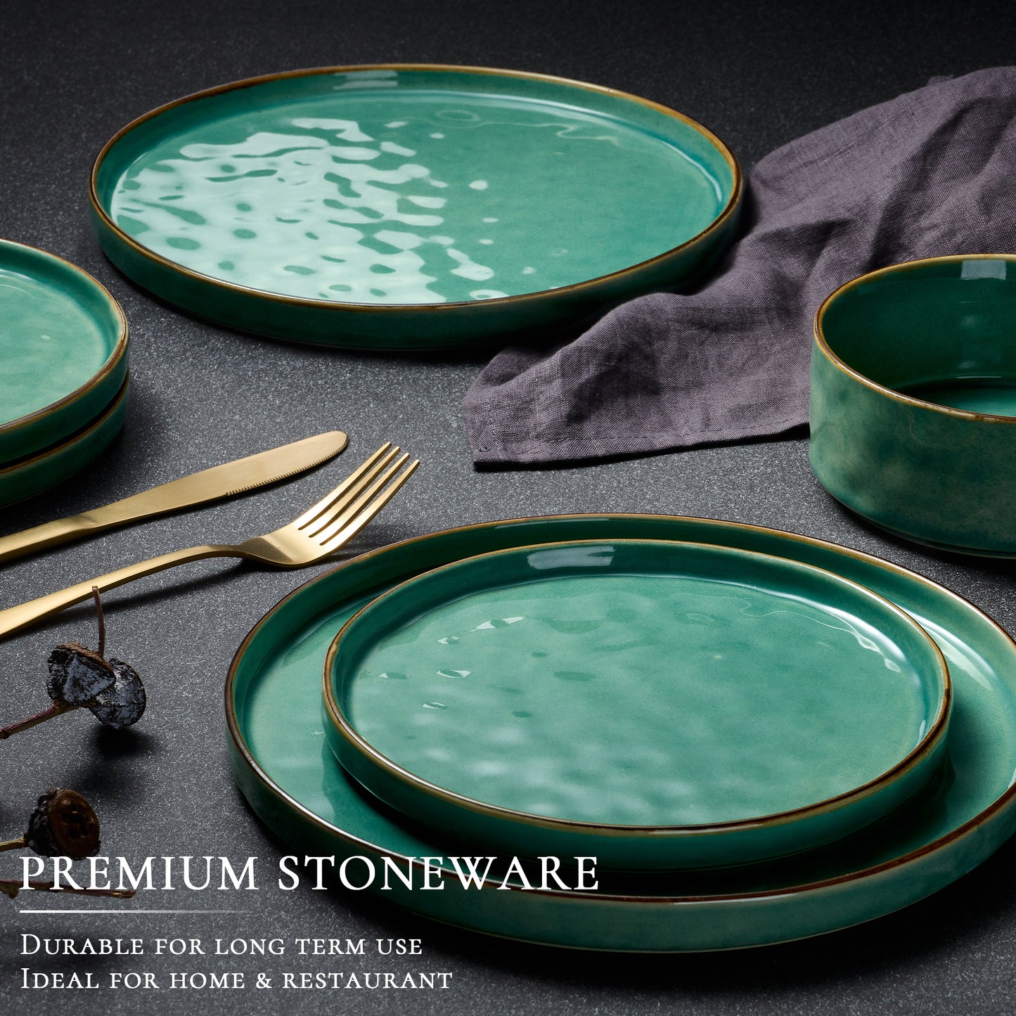 Vesteel Dinnerware Sets, 12-Piece Stoneware Plates and Bowls Set, Dishes Set for 4, Elegant Ceramic Dinnerware for Home Restaurant - Jade Green