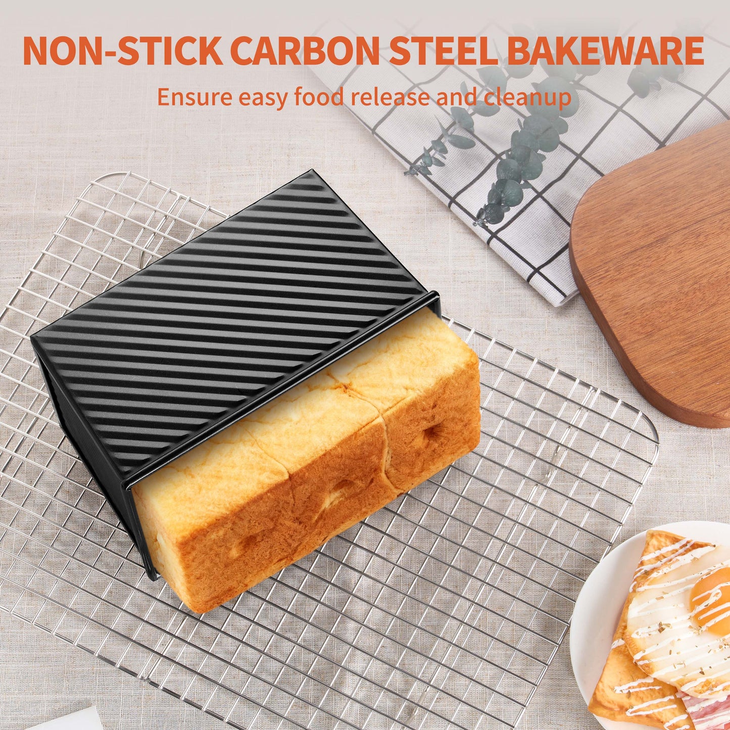 Vesteel Pullman Loaf Pan with Lid, 1 Pound Dough Capacity Rectangular Bread Pan for Homemade Bread, Non-Stick Long Bread Pan with Dough Scraper & Silicone Brush, Black