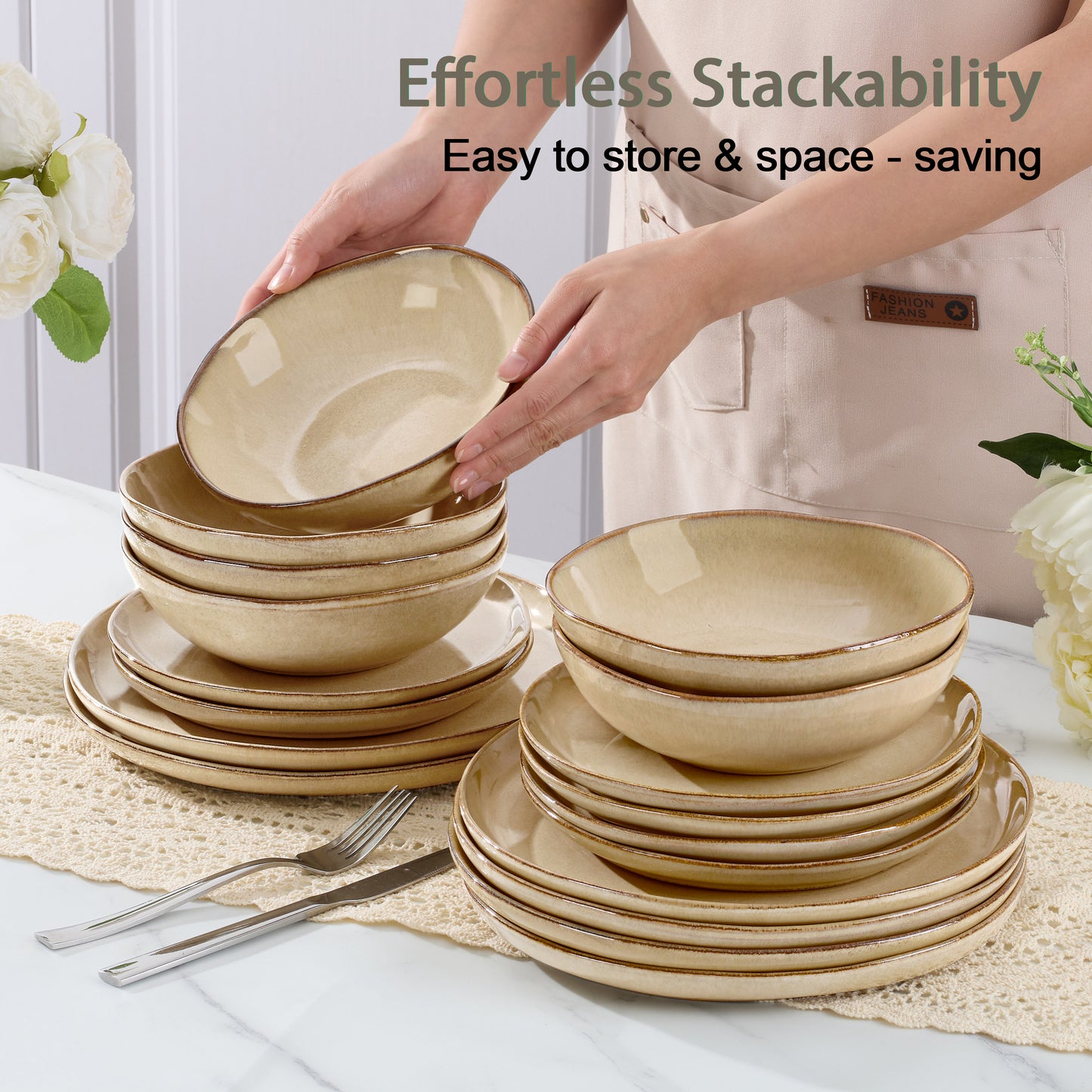 Onader 12 Piece Dinnerware Sets, Plates and Bowls Dish Set for 4, Irregular Handmade Dinner Ware Dishware for Kitchen Dinning, Microwave & Dishwasher Safe - Cream Khaki