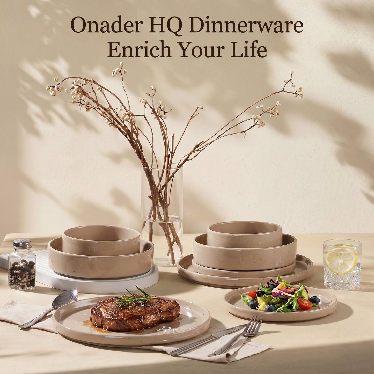 Onader 8-Piece Stoneware Dinnerware Set, Speckled Porcelain Plates and Bowls for the Kitchen, High-Quality Handcrafted Ceramic Dinnerware, Microwave & Dishwasher Safe - Coffee Brown