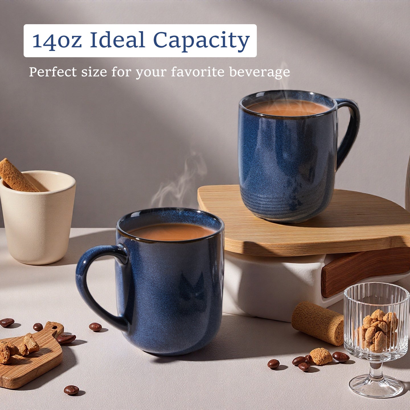 Onader 14OZ Coffee Mugs Set of 4, Stoneware Coffee Mugs Set with Handle, Ceramic Coffee Cups for Latte/Tea/Cappuccino, Dishwasher & Microwave Safe - Starry Blue