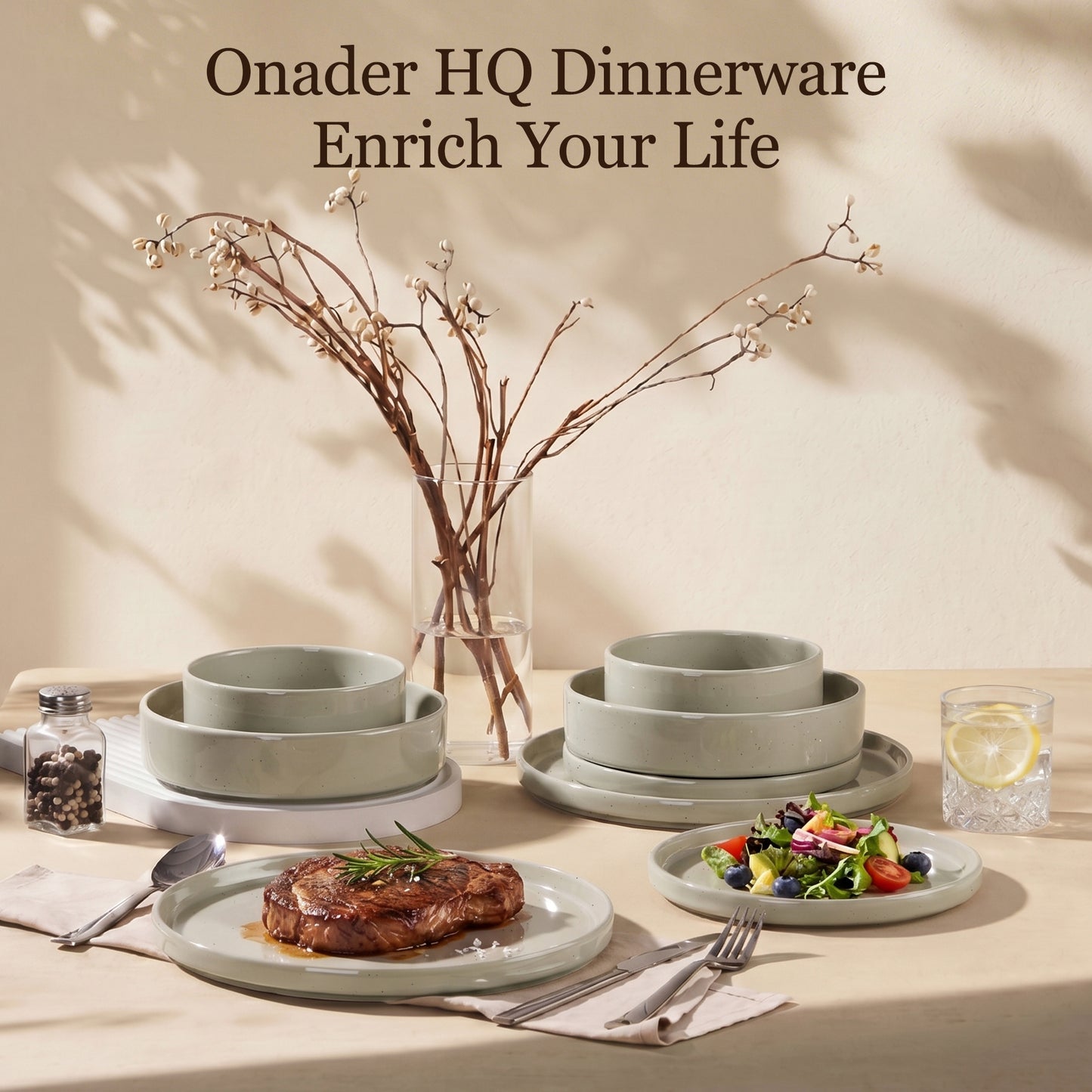 Onader 8-Piece Stoneware Dinnerware Set, Speckled Porcelain Plates and Bowls for the Kitchen, High-Quality Handcrafted Ceramic Dinnerware, Microwave & Dishwasher Safe - Light Green