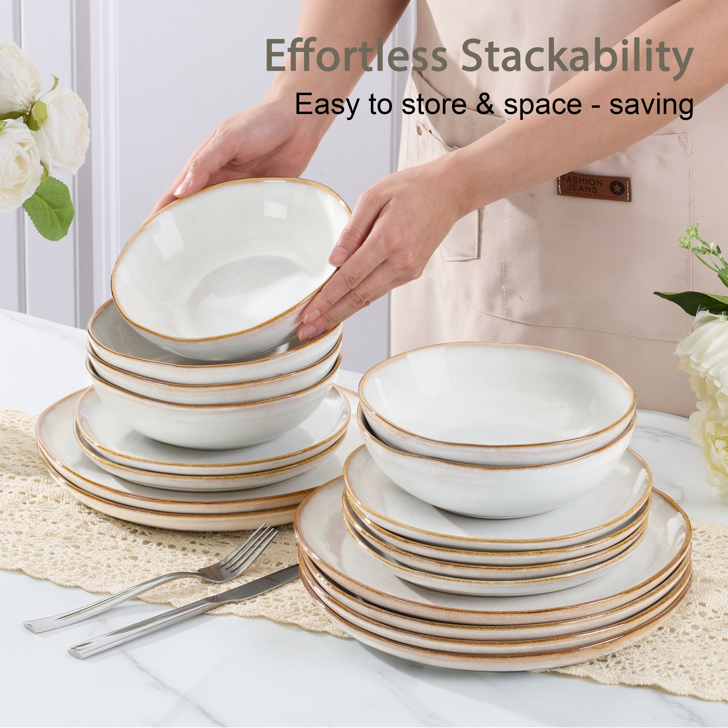 Onader 12 Piece Dinnerware Sets, Plates and Bowls Dish Set for 4, Irregular Handmade Dinner Ware Dishware for Kitchen Dinning, Microwave & Dishwasher Safe - Pearl White
