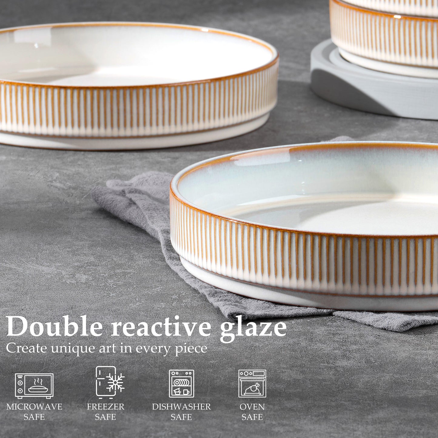 Vesteel Pasta Bowls Set of 4, 32oz Large Salad Bowls for Dinner Serving Soup, Ceramic Stoneware Pasta Plates with Textured Stripes, Microwave & Dishwasher Safe, Seashell White