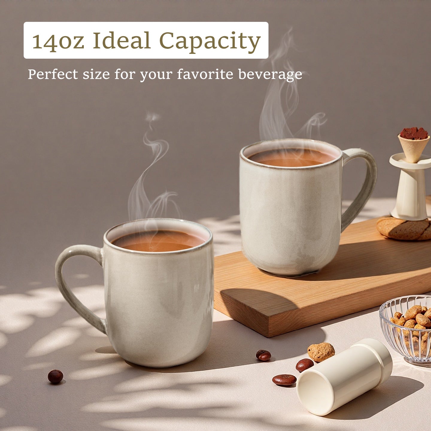 Onader 14OZ Coffee Mugs Set of 4, Stoneware Coffee Mugs Set with Handle, Ceramic Coffee Cups for Latte/Tea/Cappuccino, Dishwasher & Microwave Safe - Khaki