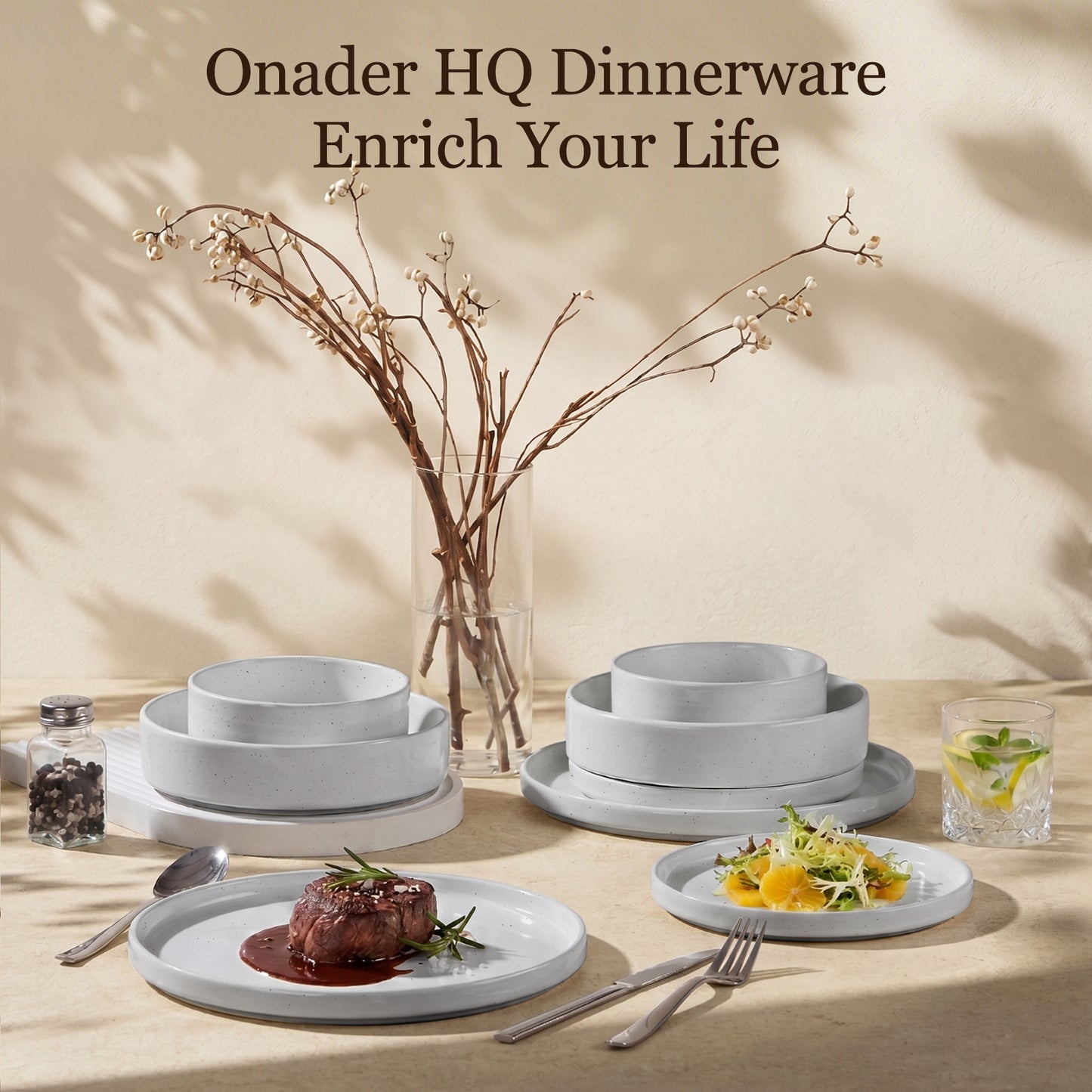 Onader 8-Piece Stoneware Dinnerware Set, Speckled Porcelain Plates and Bowls for the Kitchen, High-Quality Handcrafted Ceramic Dinnerware, Microwave & Dishwasher Safe - Light Gray
