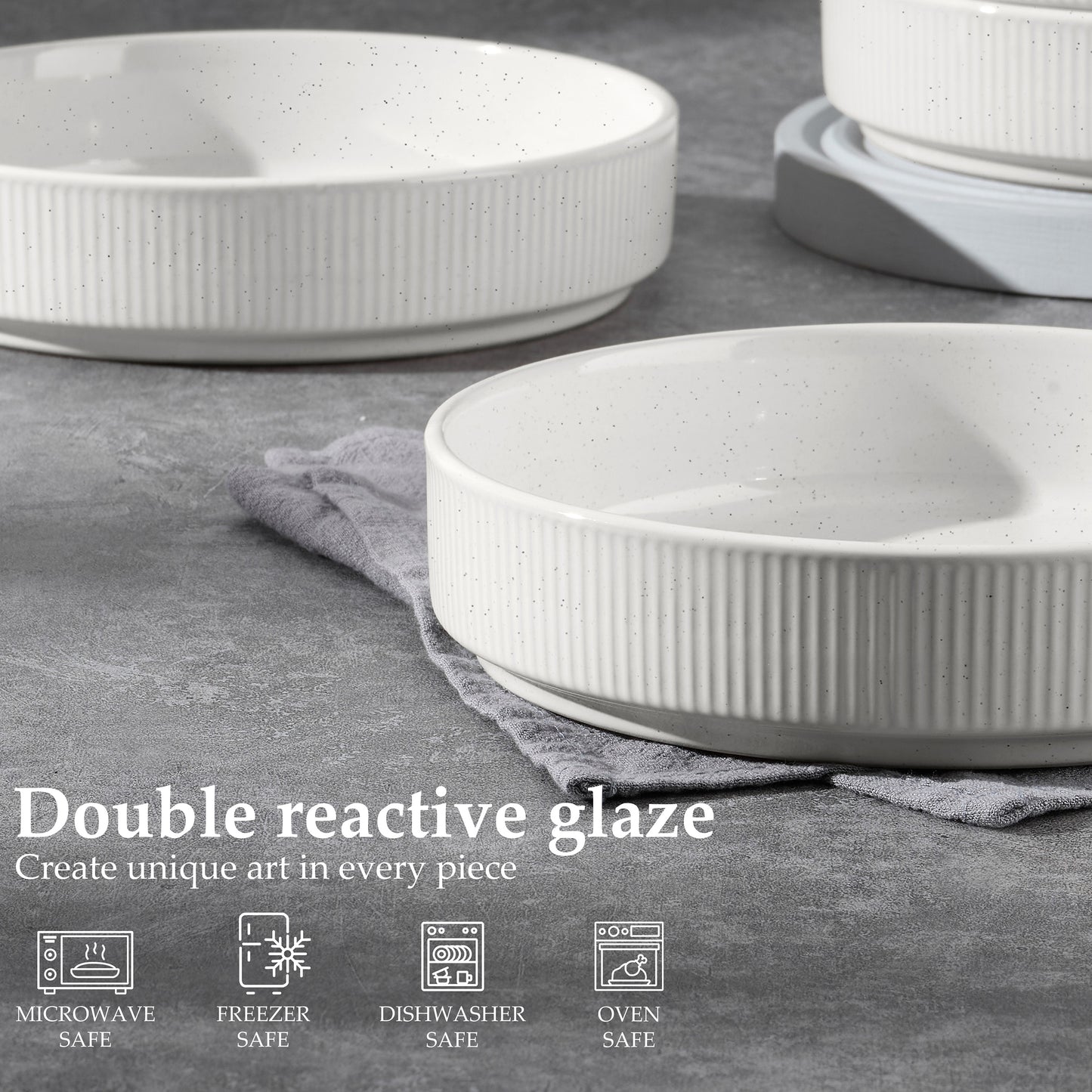 Vesteel Pasta Bowls Set of 4, 32oz Large Salad Bowls for Dinner Serving Soup, Ceramic Stoneware Pasta Plates with Textured Stripes, Microwave & Dishwasher Safe, Speckled White