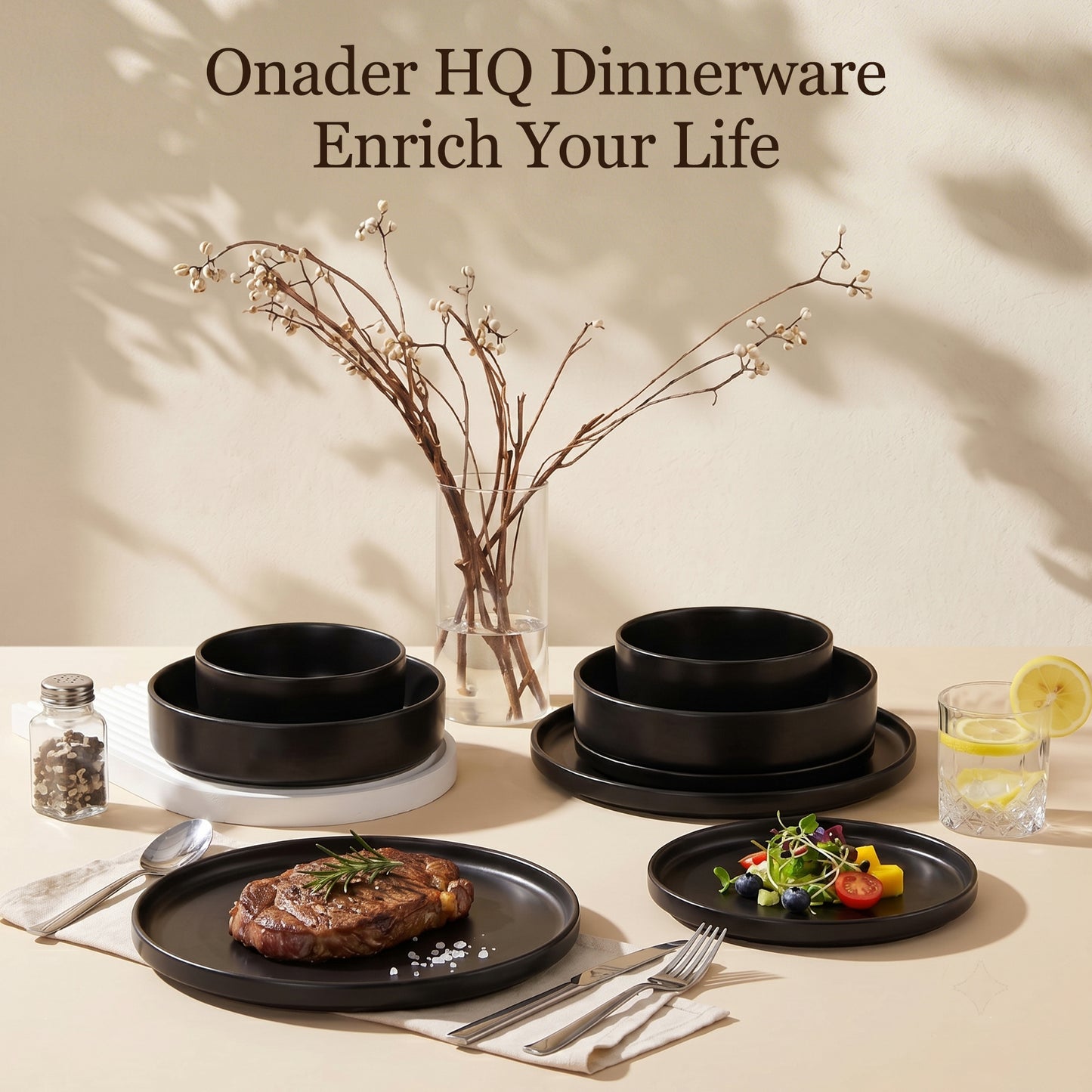 Onader 8-Piece Stoneware Dinnerware Set, Vertical Plates and Bowls for the Kitchen, Premium Glaze Handcrafted Ceramic Dinnerware, Microwave & Dishwasher Safe - Matte Black
