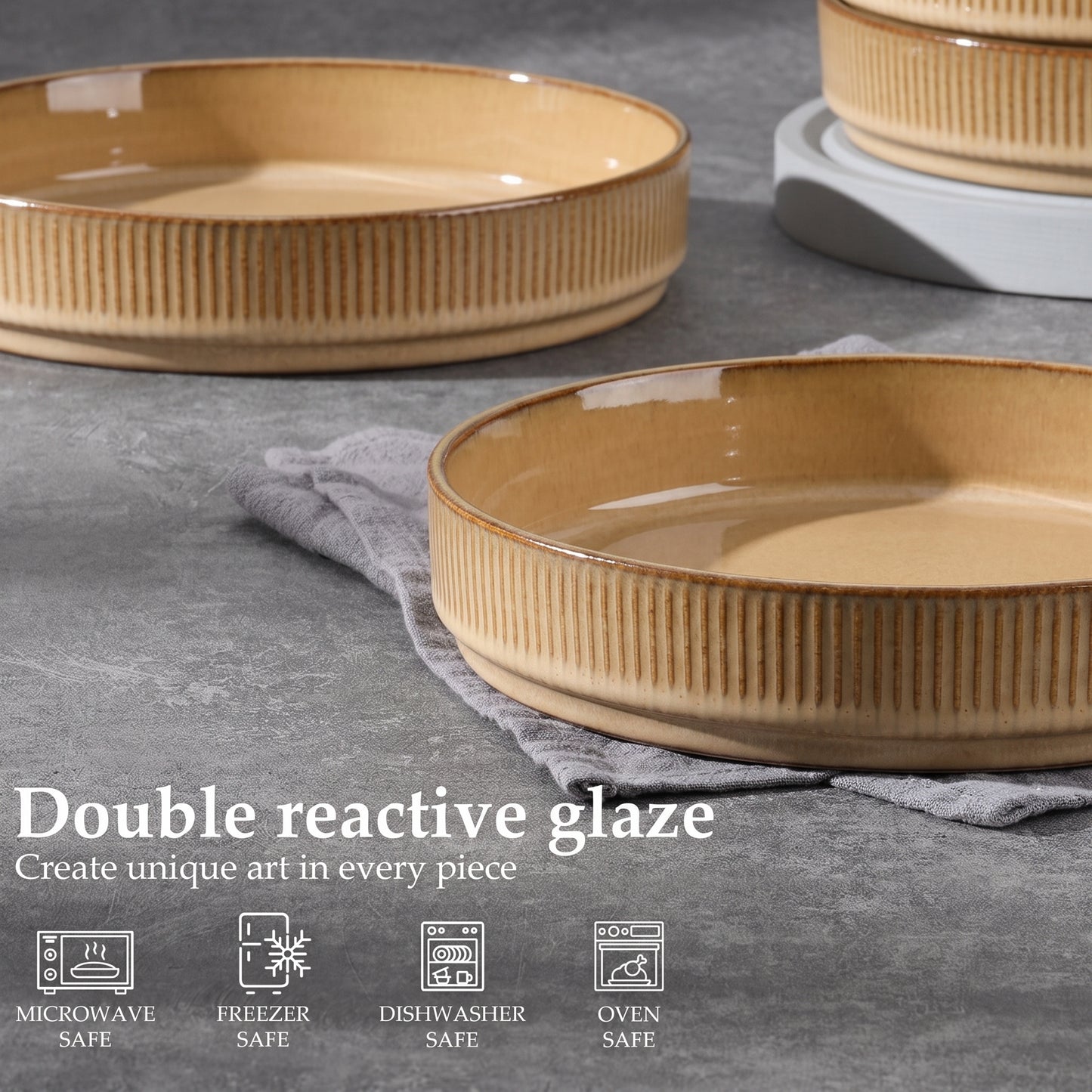 Vesteel Pasta Bowls Set of 4, 32oz Large Salad Bowls for Dinner Serving Soup, Ceramic Stoneware Pasta Plates with Textured Stripes, Microwave & Dishwasher Safe, Khaki