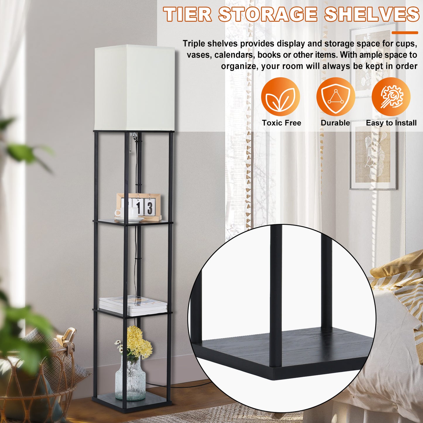 Vesteel Floor Lamp with 3-Tier Shelves, Standing Lamp with 3 Color Adjustable LED Bulb, Modern Square Lamp for Living Room Bedroom Office Kid Room