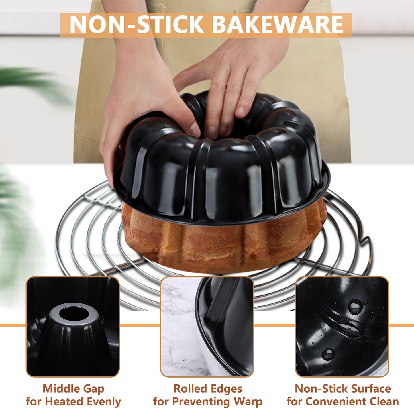 Vesteel 10 inch Bundt Cake Pan, Non-Stick Pan for Baking Brownie Flan Meatloaf, Carbon Steel Bakeware with Tube for Birthday Wedding Christmas Events, Heavy Duty & Durable - Black