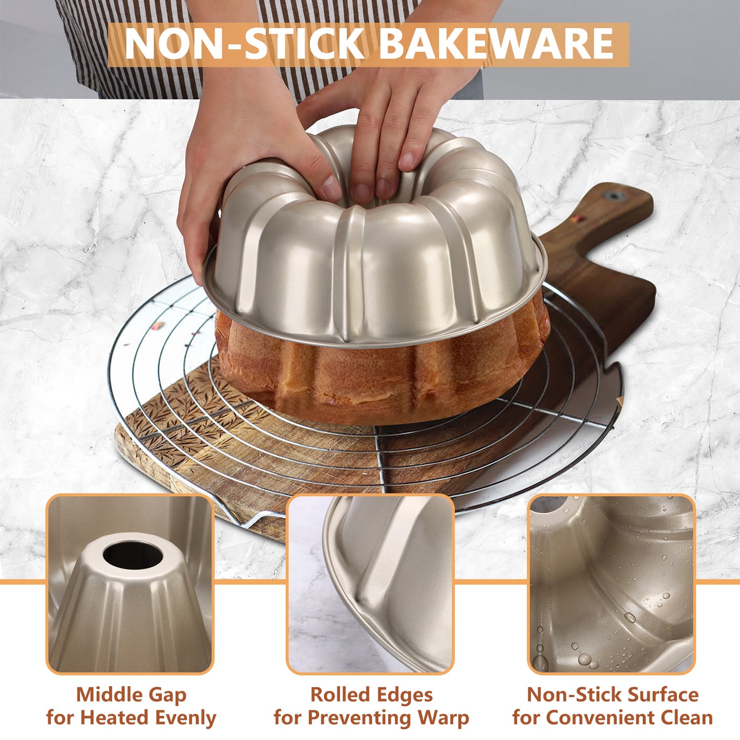 Vesteel 10" Bundt Cake Pan, Non-Stick Pan for Baking Brownie Flan Meatloaf, Carbon Steel Bakeware with Tube for Birthday Wedding Christmas Events, Heavy Duty & Durable - Gold