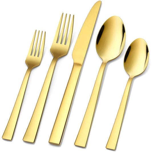 40-Piece Gold Silverware Set, Vesteel Stainless Steel Flatware Set Service for 8, Cutlery Eating Utensil Set Includes Dinner Forks/Spoons/Knives, Square Edge & Mirror Polished, Dishwasher Safe
