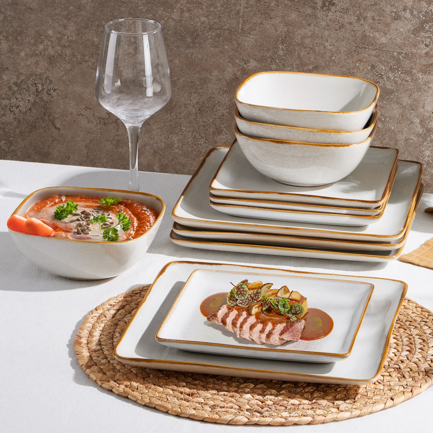 Onader Square Dinnerware Sets for 4, 12-Piece Plates and Bowls Sets, Reactive Glaze Dish Set, Chip and Scratch Resistant, Microwave and Dishwasher Safe, Seashell White
