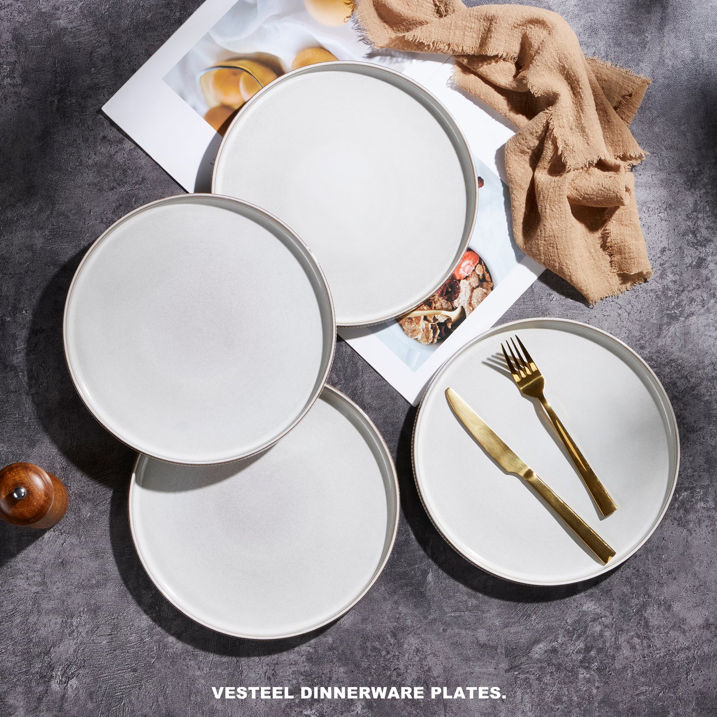Vesteel 4 Pieces Dinner Plates Set, Premium Stoneware Ribbed Dishes, Chip & Scratch Resistant Ceramic Set for Home Restaurant, Microwave and Dishwasher Safe - Seashell White