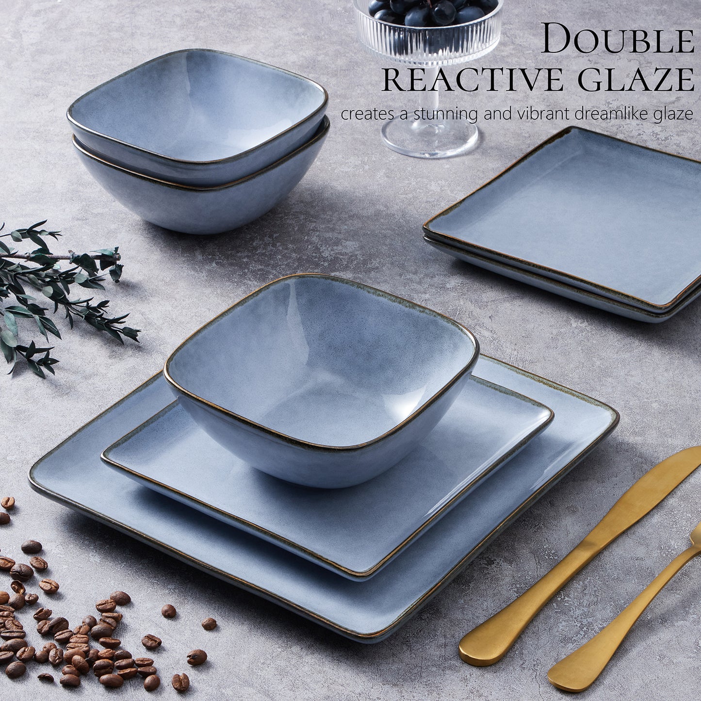 Vesteel Dinnerware Sets for 4, 12-Piece Square Stoneware Dish and Bowls Set, Handmade Reactive Glaze Coupe Plates Set, Chip & Scratch Resistant - Uranus Blue
