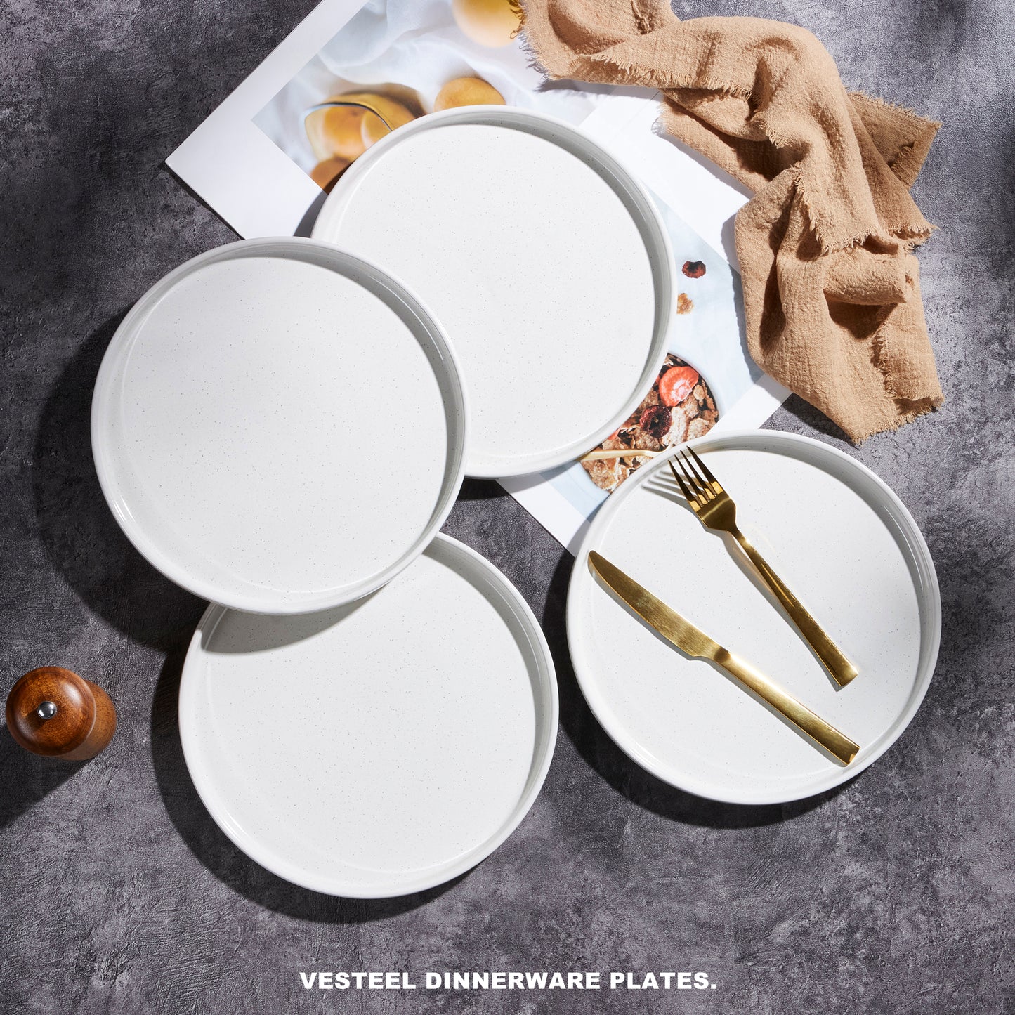 Vesteel 4 Pieces Dinner Plates Set, Premium Stoneware Ribbed Dishes, Chip & Scratch Resistant Ceramic Set for Home Restaurant, Microwave and Dishwasher Safe - Speckled White