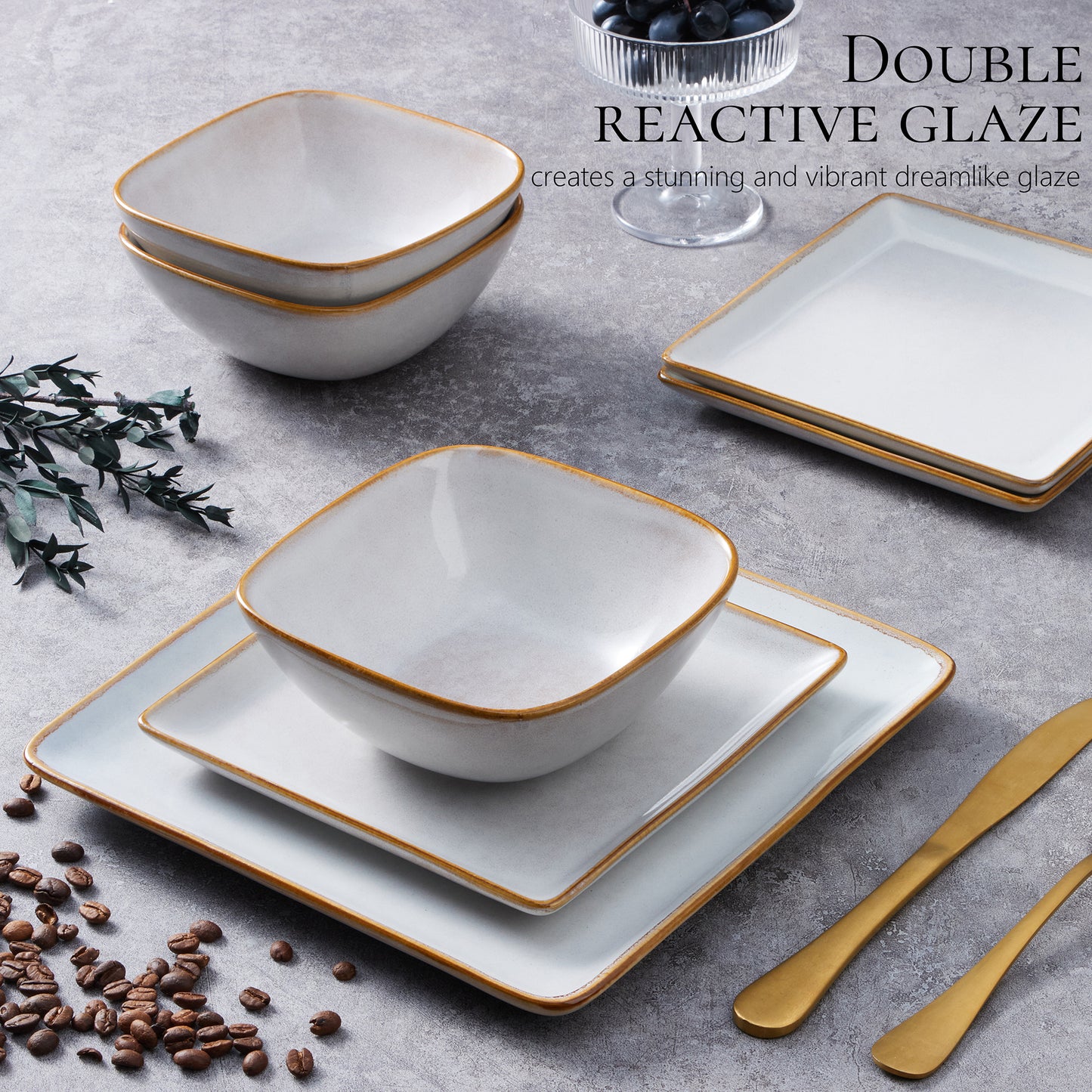 Vesteel Square Dinnerware Sets for 4, 12-Piece Stoneware Dish and Bowls Set, Handmade Reactive Glaze Coupe Plates Set, Chip & Scratch Resistant - Seashell White