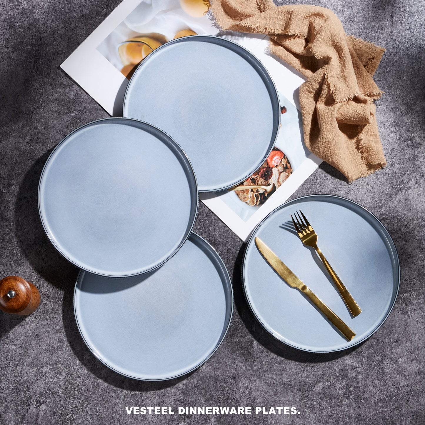 Vesteel 4 Pieces Dinner Plates Set, Premium Stoneware Ribbed Dishes, Chip & Scratch Resistant Ceramic Set for Home Restaurant, Microwave and Dishwasher Safe - Foggy Blue