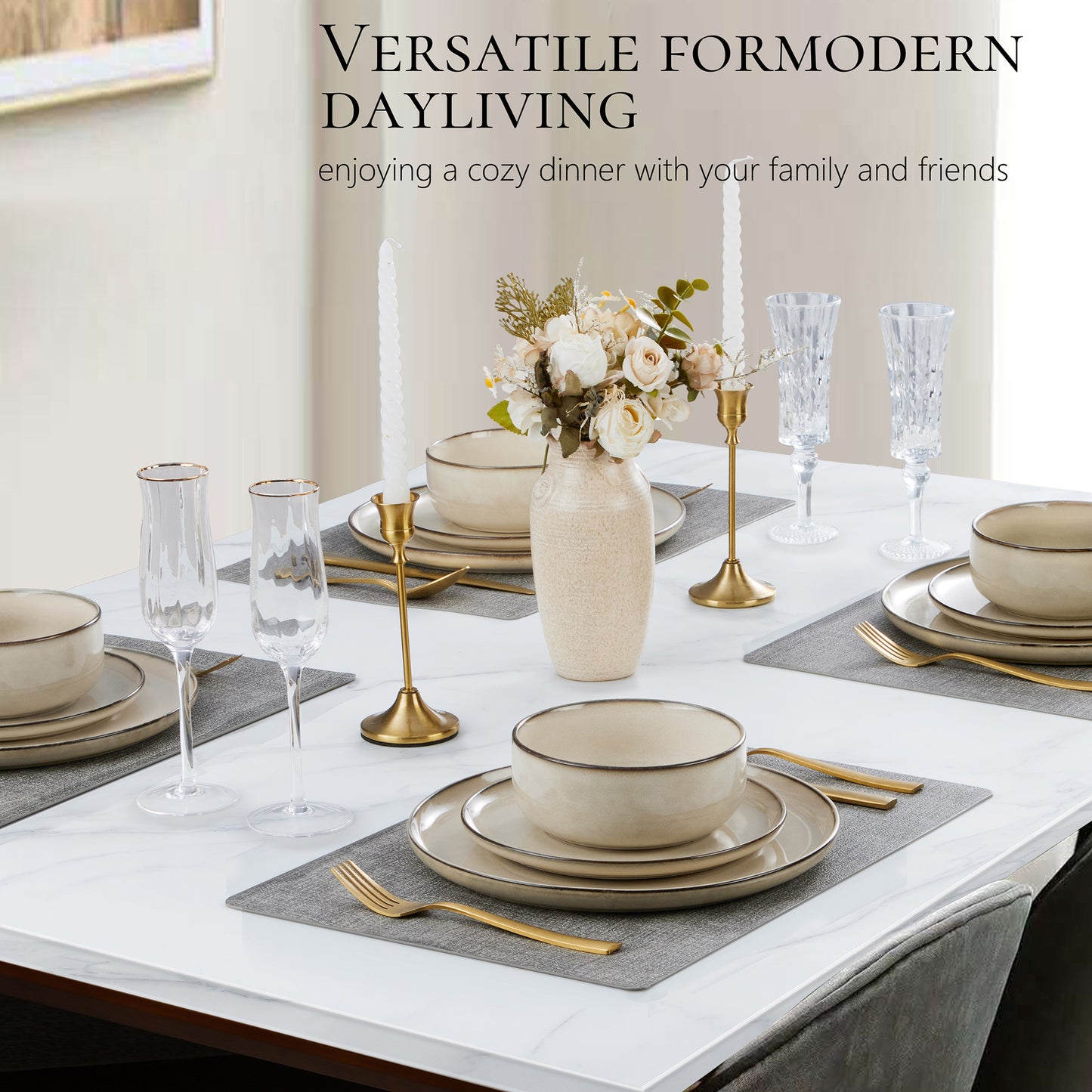 Vesteel Dinnerware Sets for 4, 12-Piece Stoneware Dish and Bowls Set, Handmade Reactive Glaze Coupe Plates Set for Family, Chip & Scratch Resistant - Khaki