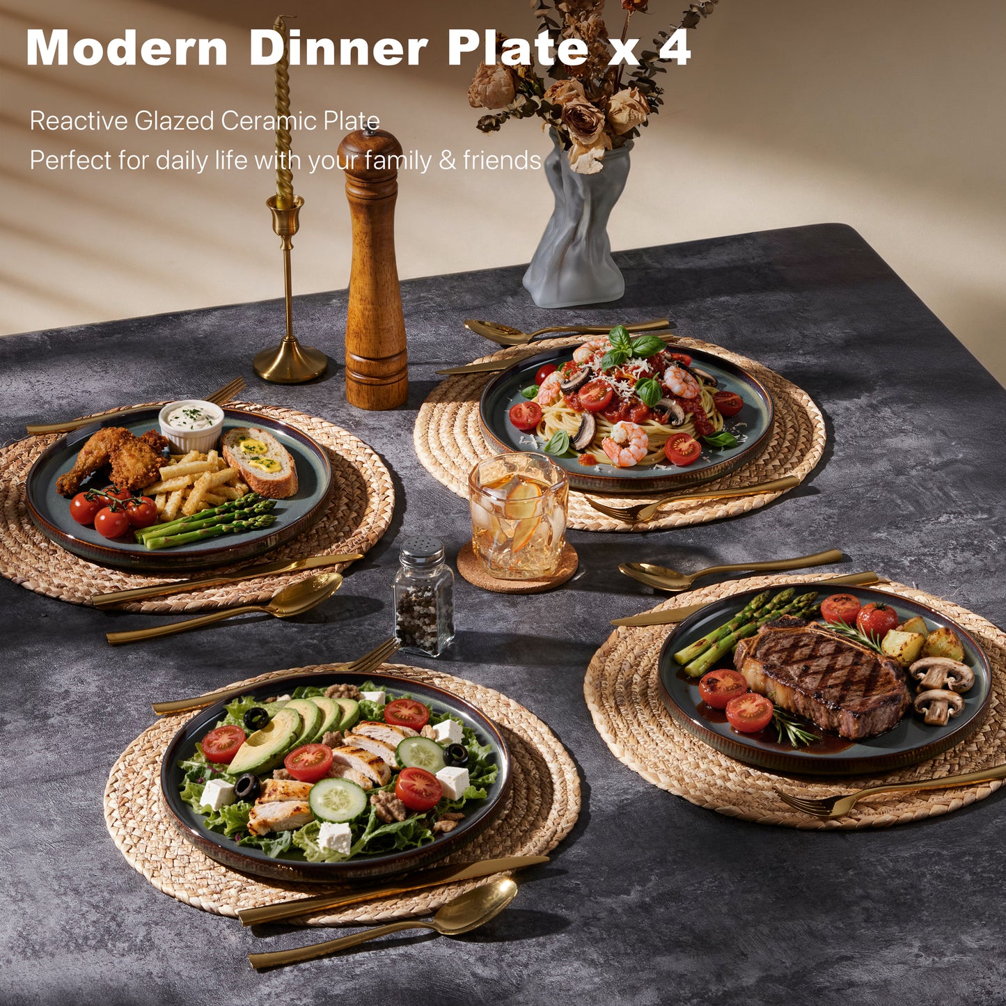 Vesteel 4 Pieces Dinner Plates Set, Premium Stoneware Ribbed Dishes, Chip & Scratch Resistant Ceramic Set for Home Restaurant, Microwave and Dishwasher Safe - Forest Green