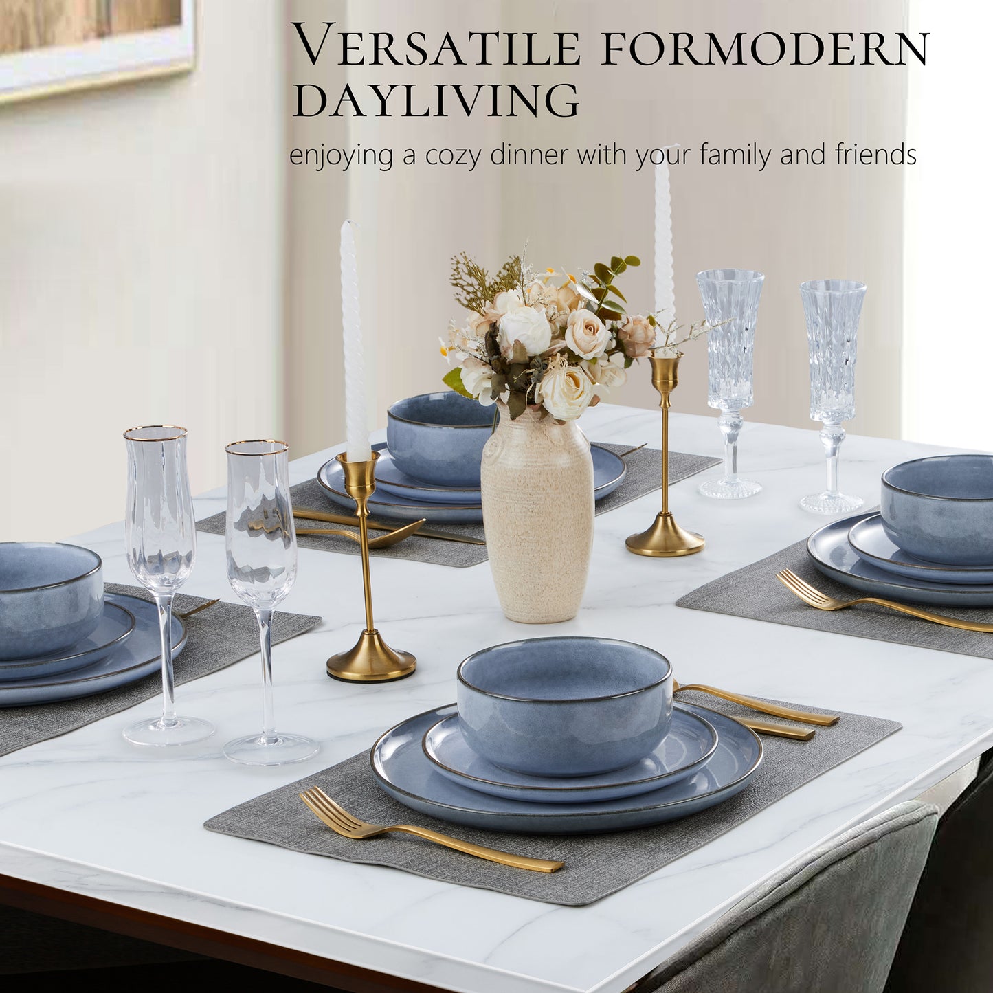 Vesteel Dinnerware Sets for 4, 12-Piece Stoneware Dish and Bowls Set, Handmade Reactive Glaze Coupe Plates Set, Chip & Scratch Resistant - Uranus Blue
