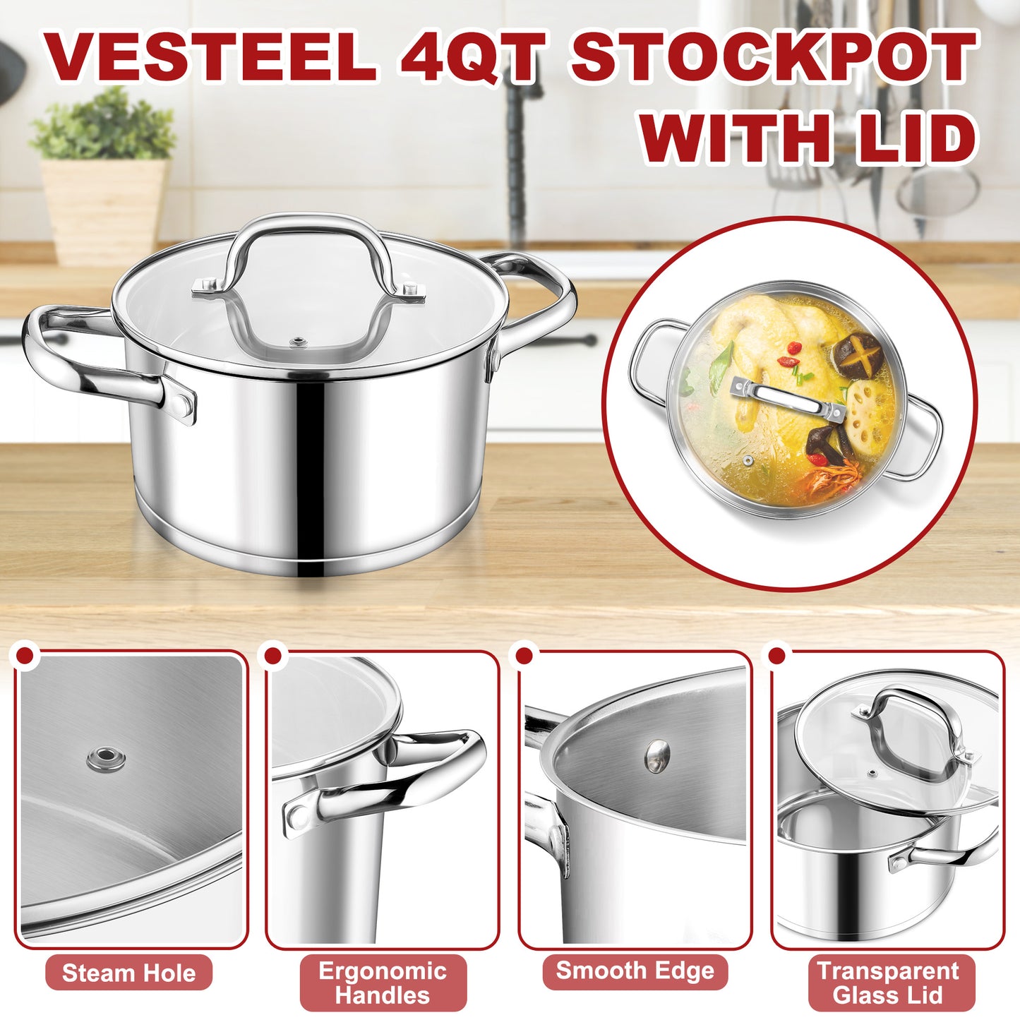 Vesteel 4 QT Stock Pot with Lid, 3 Tri-ply Stainless Steel Cooking Pot for Induction Gas Electric Stove, Stockpot for Cooking Soup Spaghetti, Dishwasher Safe