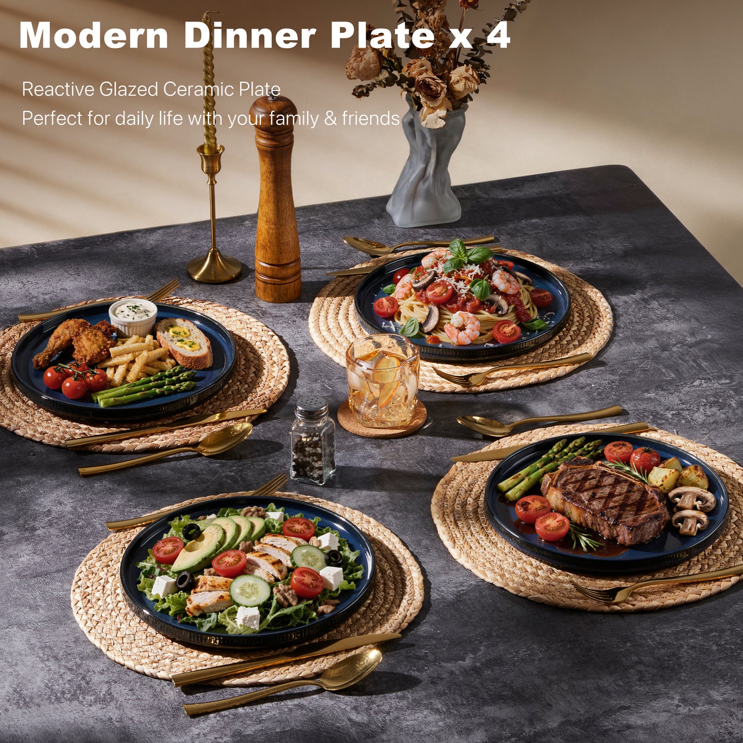 Vesteel 4 Pieces Dinner Plates Set, Premium Stoneware Ribbed Dishes, Chip & Scratch Resistant Ceramic Set for Home Restaurant, Microwave and Dishwasher Safe - Ocean Blue