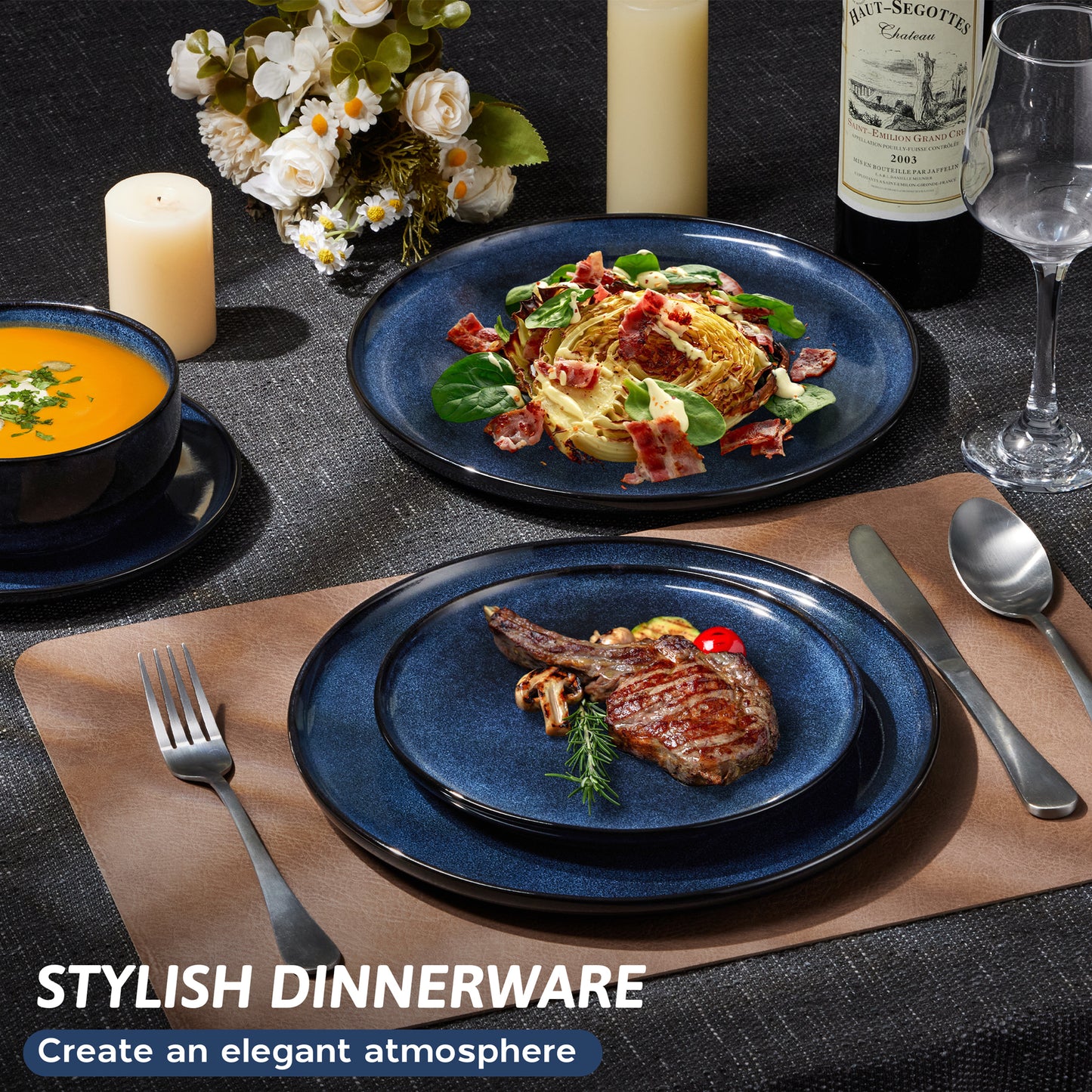 Onader Dinnerware Sets for 6, 18-Piece Plates and Bowls Set, Reactive Glaze Dishes, Stoneware Dinnerware set, Microwave & Dishwasher Safe - Deep Sea Blue