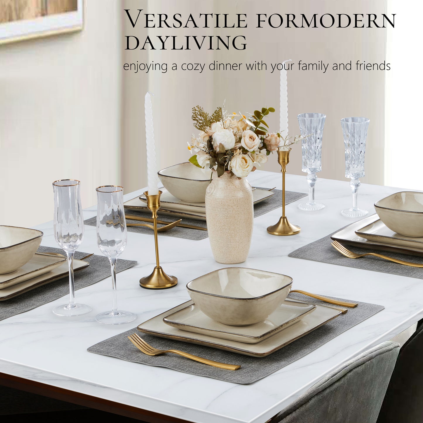 Vesteel 12 Pieces Square Dinnerware Sets, Ceramic Plates and Bowls Sets for 4, Handmade Reactive Glaze Dishes Set for Kitchen Dining, Microwave & Dishwasher Safe, Khaki