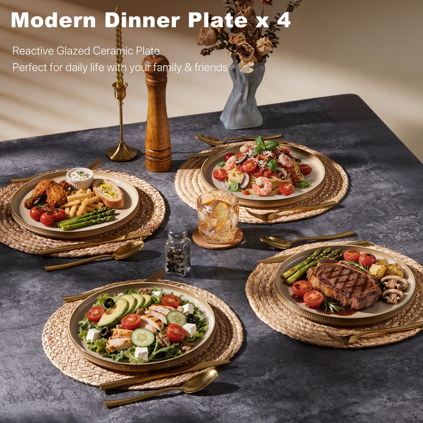 Vesteel 4 Pieces Dinner Plates Set, Premium Stoneware Ribbed Dishes, Chip & Scratch Resistant Ceramic Set for Home Restaurant, Microwave and Dishwasher Safe - Khaki