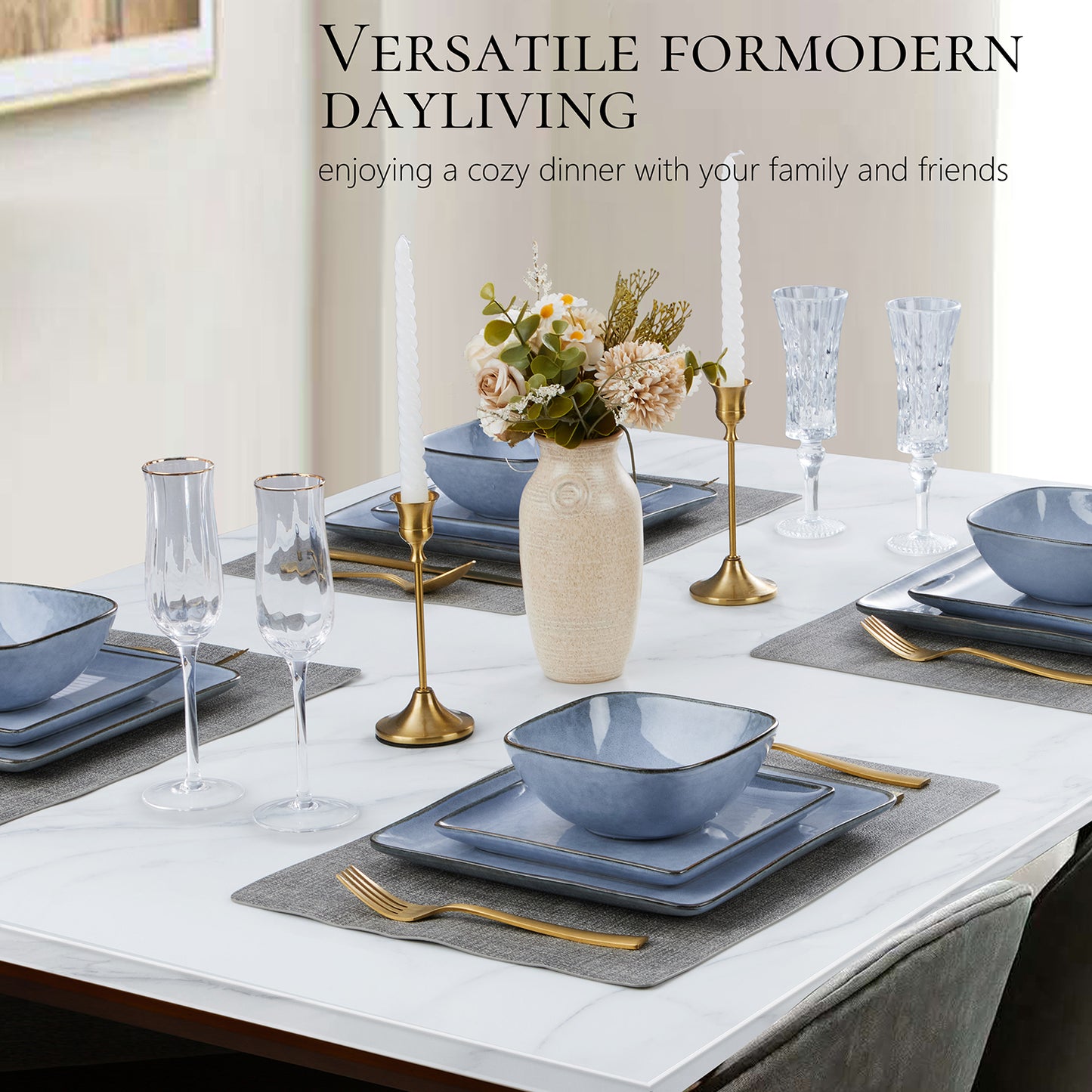 Vesteel Dinnerware Sets for 4, 12-Piece Square Stoneware Dish and Bowls Set, Handmade Reactive Glaze Coupe Plates Set, Chip & Scratch Resistant - Uranus Blue