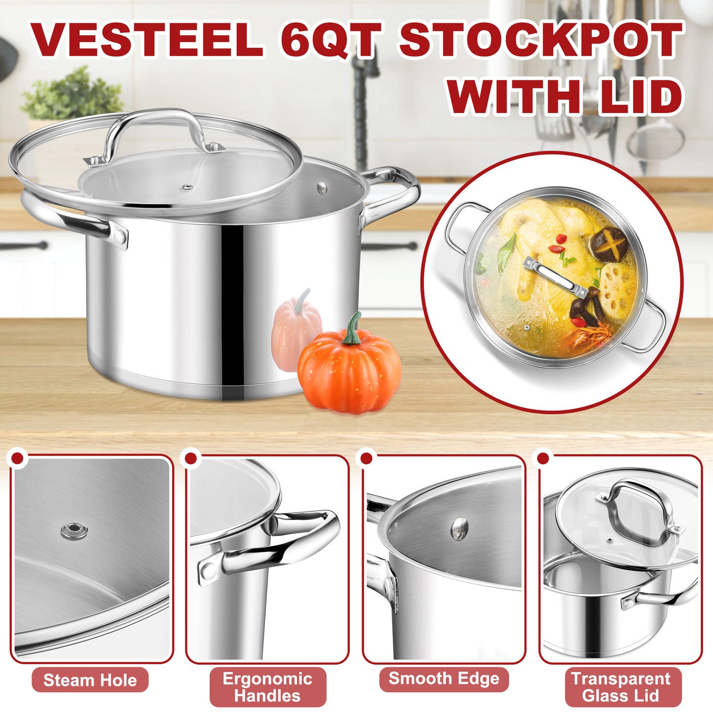 Vesteel 6 QT Stock Pot with Lid, Stainless Steel Cookware for Stewing Simmering, Tri-ply Bottom for Induction Gas Electric Stove, Heavy Duty & Food Grade