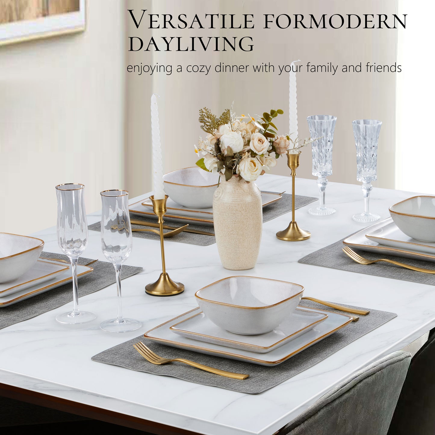 Vesteel Square Dinnerware Sets for 4, 12-Piece Stoneware Dish and Bowls Set, Handmade Reactive Glaze Coupe Plates Set, Chip & Scratch Resistant - Seashell White