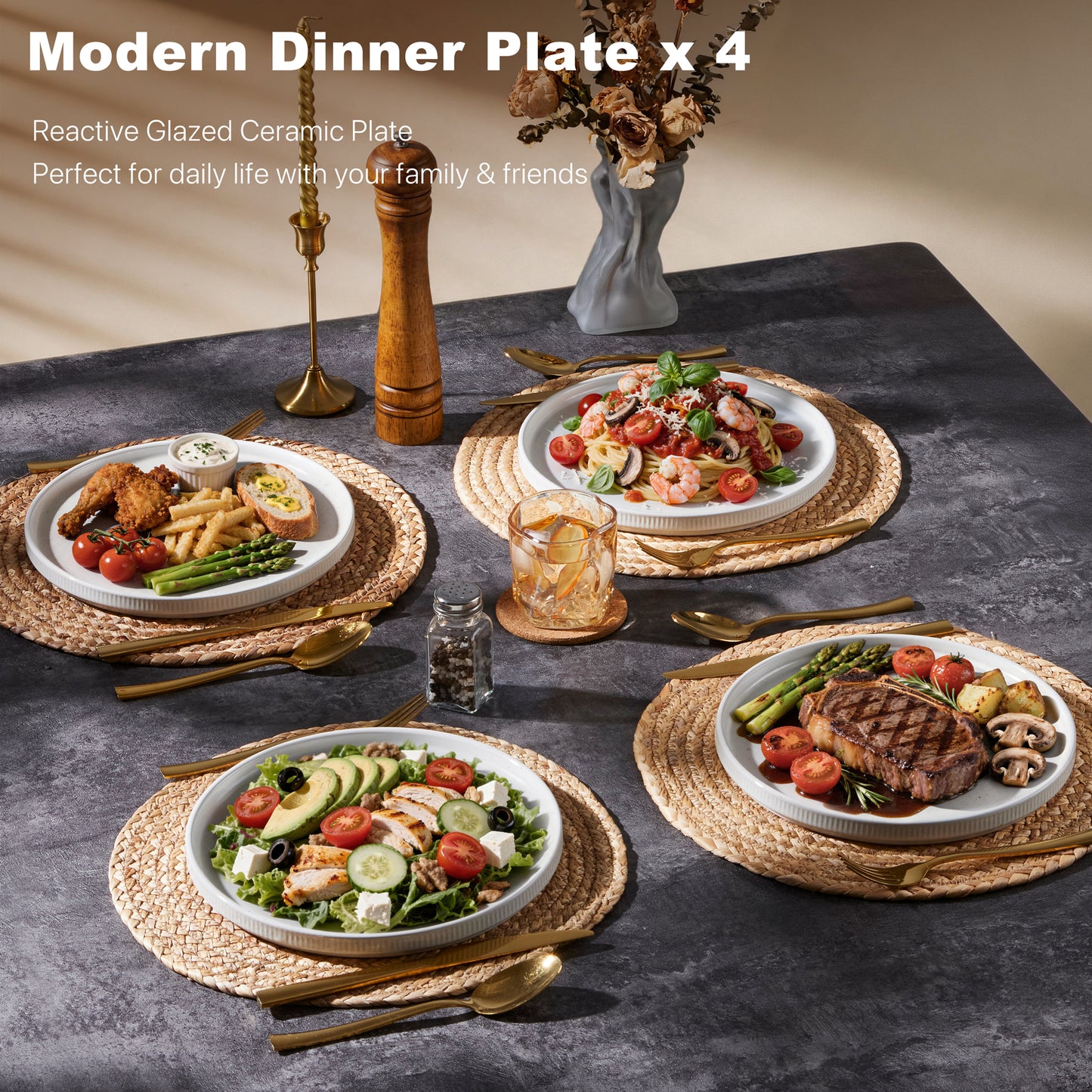 Vesteel 4 Pieces Dinner Plates Set, Premium Stoneware Ribbed Dishes, Chip & Scratch Resistant Ceramic Set for Home Restaurant, Microwave and Dishwasher Safe - Speckled White