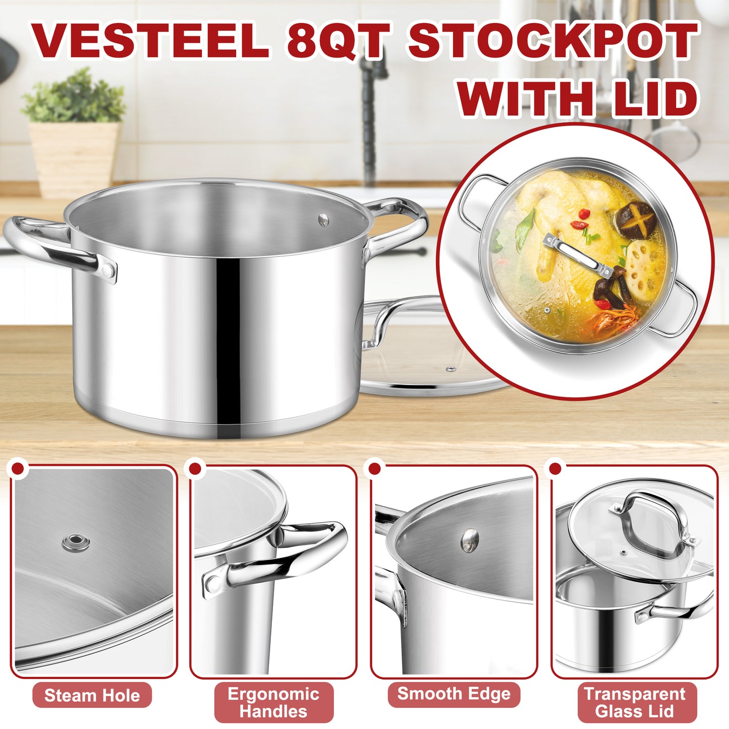 Vesteel 8 QT Stock Pot with Lid, 3 Tri-ply Stainless Steel Cooking Pot for Induction Gas Electric Stove, Stockpot for Cooking Soup Spaghetti, Dishwasher Safe