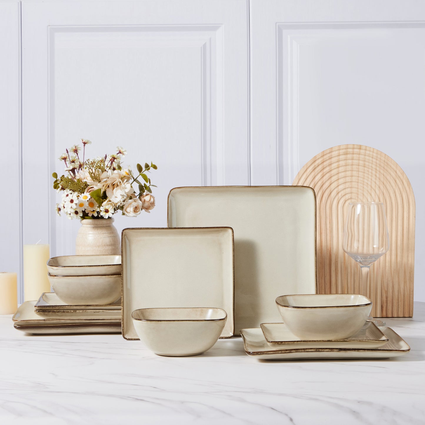Vesteel 12 Pieces Square Dinnerware Sets, Ceramic Plates and Bowls Sets for 4, Handmade Reactive Glaze Dishes Set for Kitchen Dining, Microwave & Dishwasher Safe, Khaki