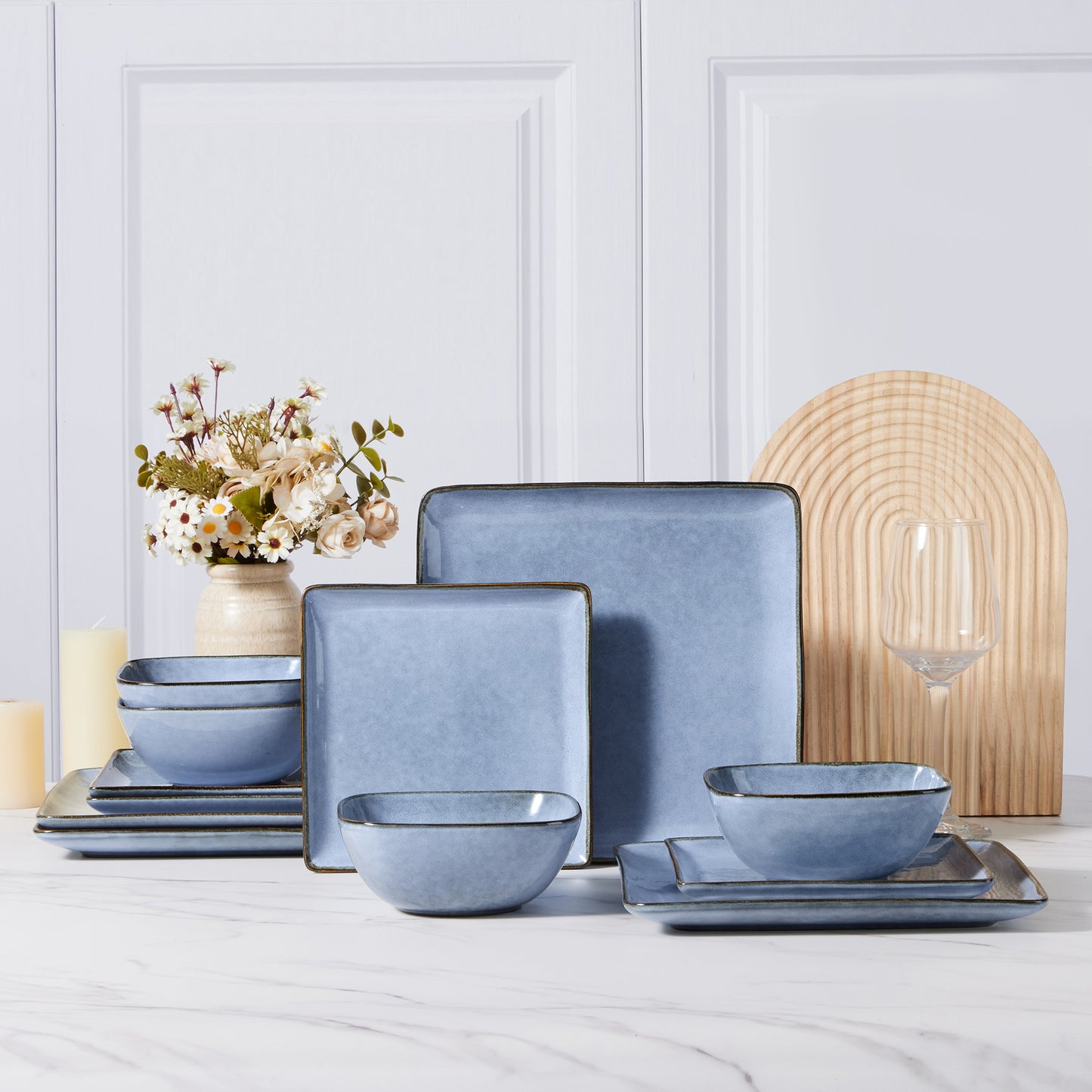 Vesteel Dinnerware Sets for 4, 12-Piece Square Stoneware Dish and Bowls Set, Handmade Reactive Glaze Coupe Plates Set, Chip & Scratch Resistant - Uranus Blue