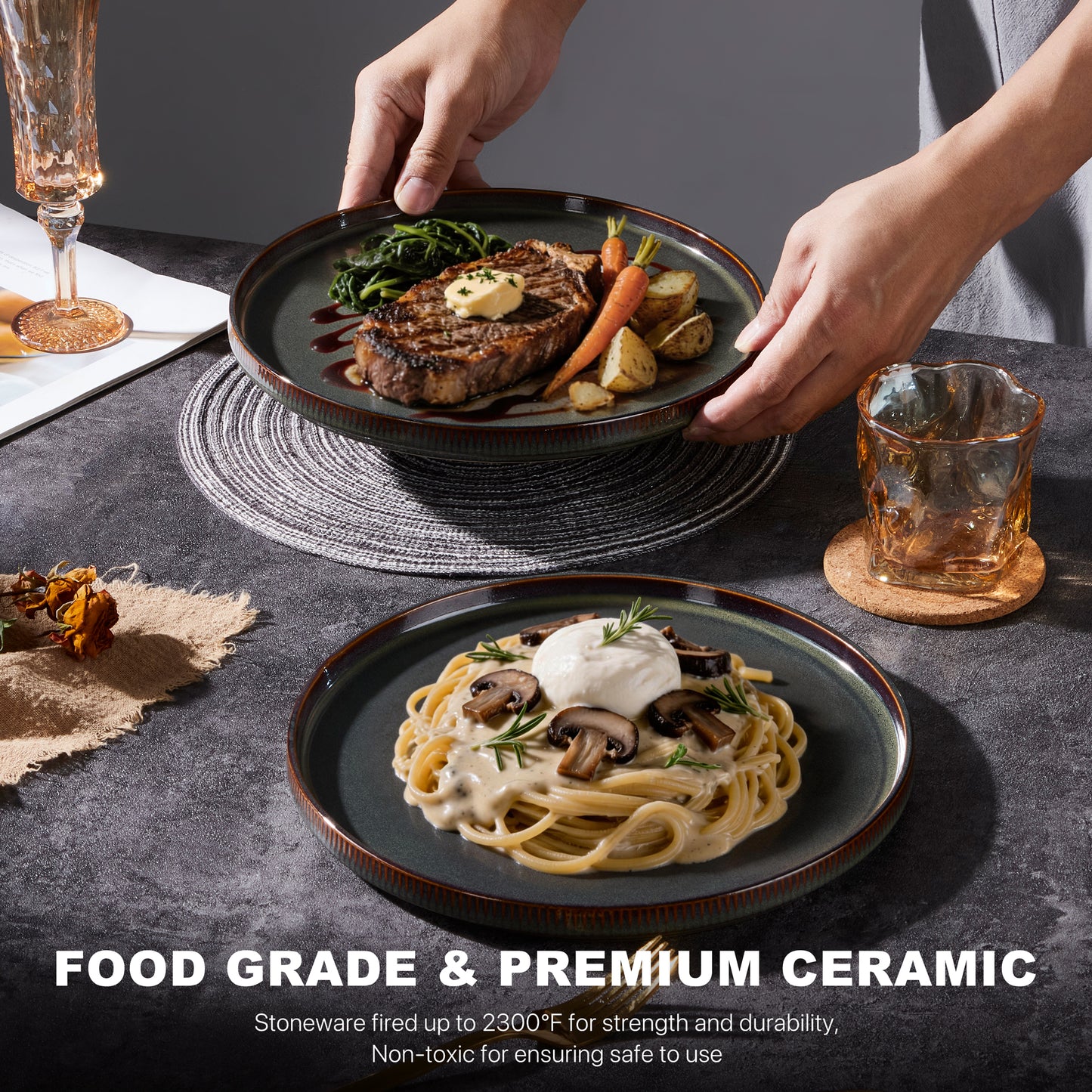 Vesteel 4 Pieces Dinner Plates Set, Premium Stoneware Ribbed Dishes, Chip & Scratch Resistant Ceramic Set for Home Restaurant, Microwave and Dishwasher Safe - Forest Green