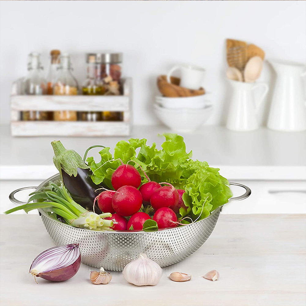 VeSteel Colander Set of 3, Stainless Steel Micro-Perforated Colanders Strainers for Draining Rinsing Washing, Ideal for Pasta Vegetables Fruits, Heavy Duty & Dishwasher Safe - 1/3/5 Quart