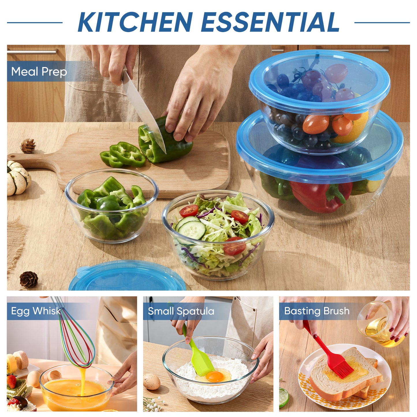 Vesteel Glass Mixing Bowls with Lids Set of 7(0.5QT, 0.8QT, 1.7QT, 2.9QT), Clear Salad Bowls with Egg Whisk Spatula Basting Brush, Nesting Food Prep Bowls for Baking Cooking Serving, Dishwasher Safe