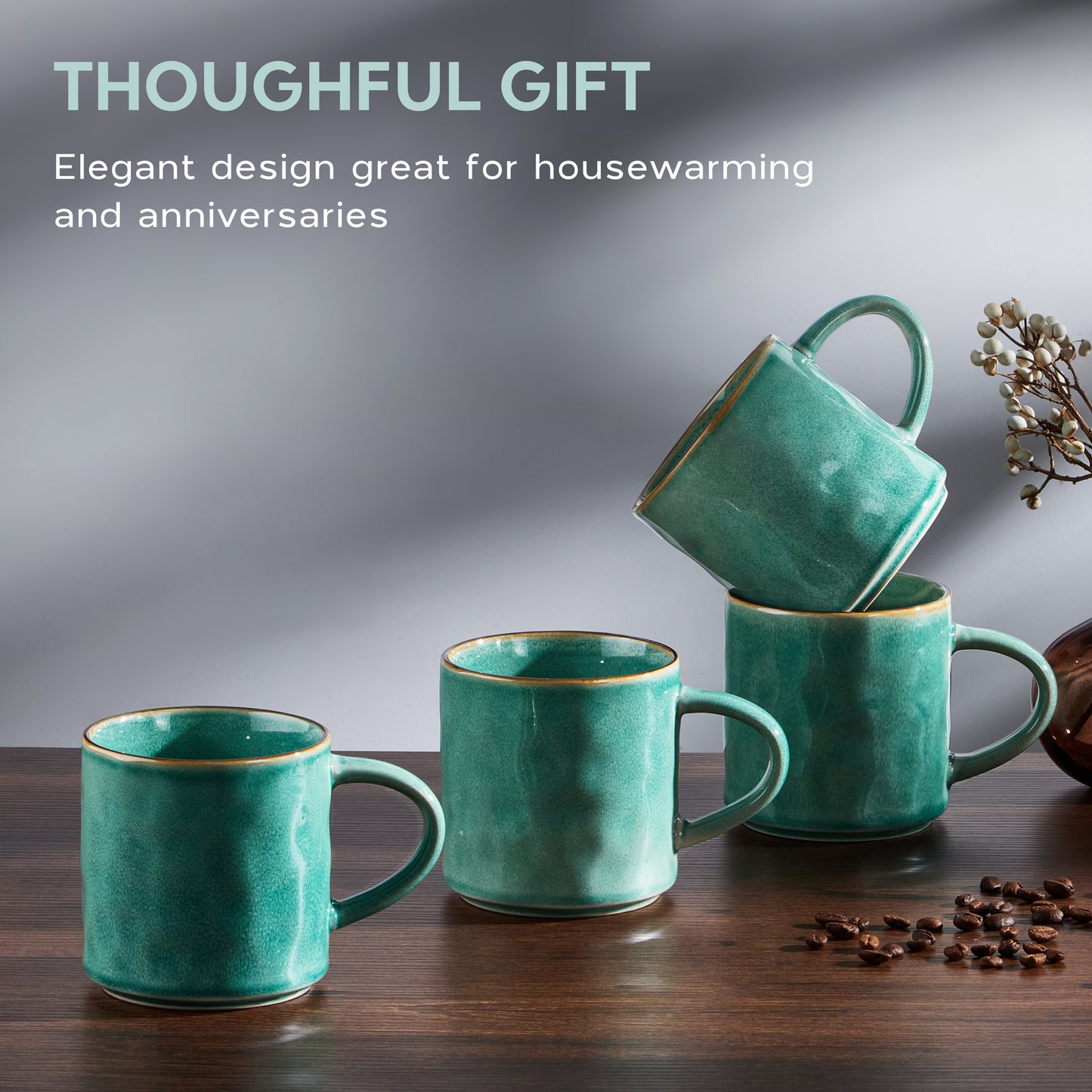 Vesteel Coffee Cups Set of 4, 14oz Ceramic Mugs Set with Handles, Porcelain Mug for Latte Tea Beer Hot Cocoa, Dishwasher & Microwave Safe, Jade Green