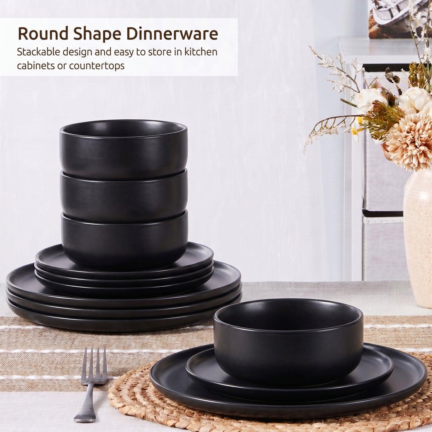 Onader 12 Piece Dinnerware Sets, Plates and Bowls Set for 4, Premium Stoneware Dishes Sets for Home Restaurant, Dishwasher & Microwave Safe - Matte Black