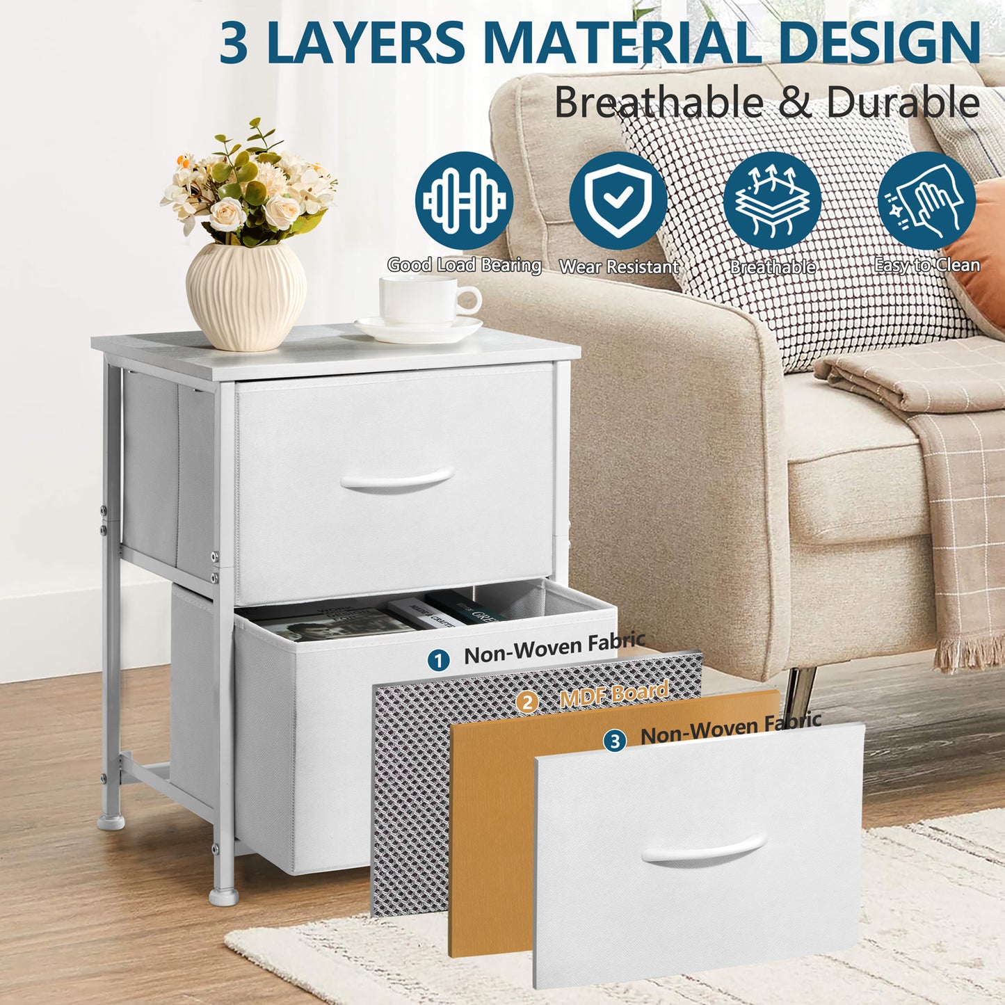 Vesteel Nightstand, 2 Drawers Dresser with Wood Top and Sturdy Steel Frame, Fabric End Table Bedside Furniture Dresser for Bedroom Closet Dorm - White