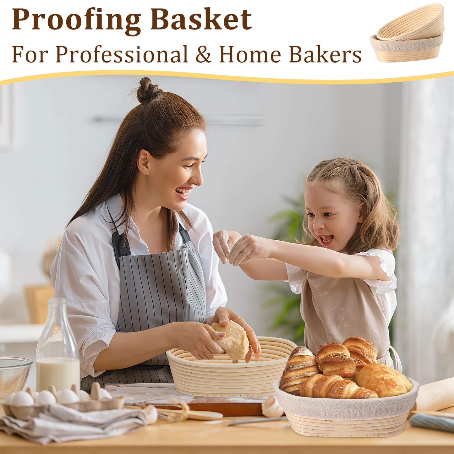 Vesteel Bread Proofing Basket Set of 2, 10” Oval Banneton Bread Baking Baskets with Liner, Baking Supplies Tools Included for Fermenting Baking Dough