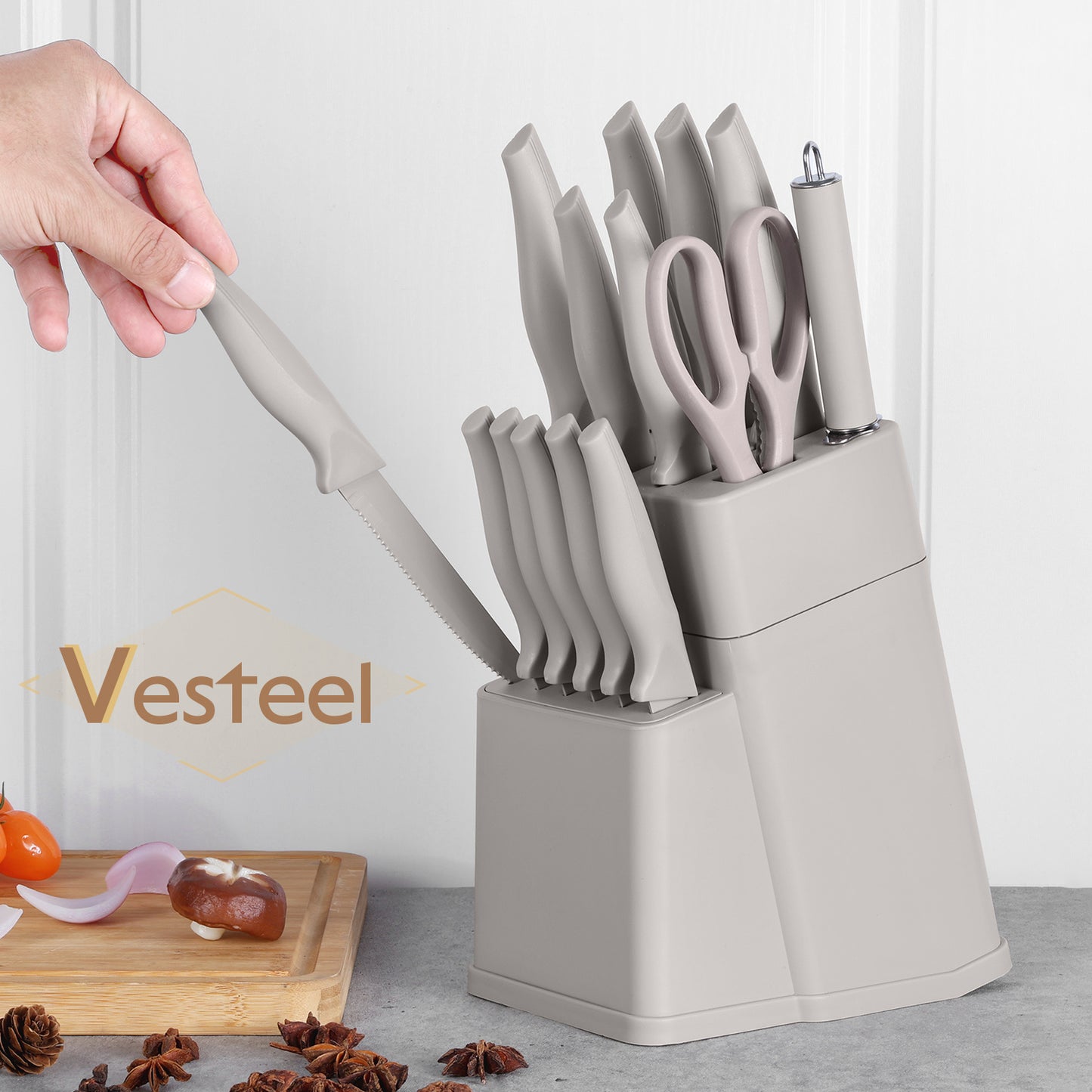 Vesteel Knife Set for Kitchen with Block, 15 Pcs Stainless Steel Kitchen Knife Set with Self Sharpening - Khaki